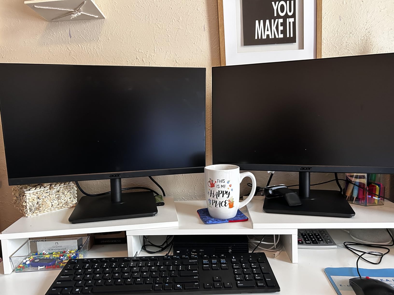 TAVR Dual Monitor Stand Riser Office Desktop Organizer Stand for 2 Monitors, Adjustable Length and Angle 3 Shelf, Extra Long Multifunctional Stand up to 48.2 inch fit Computer, Laptop, TV, Black customer photo 1