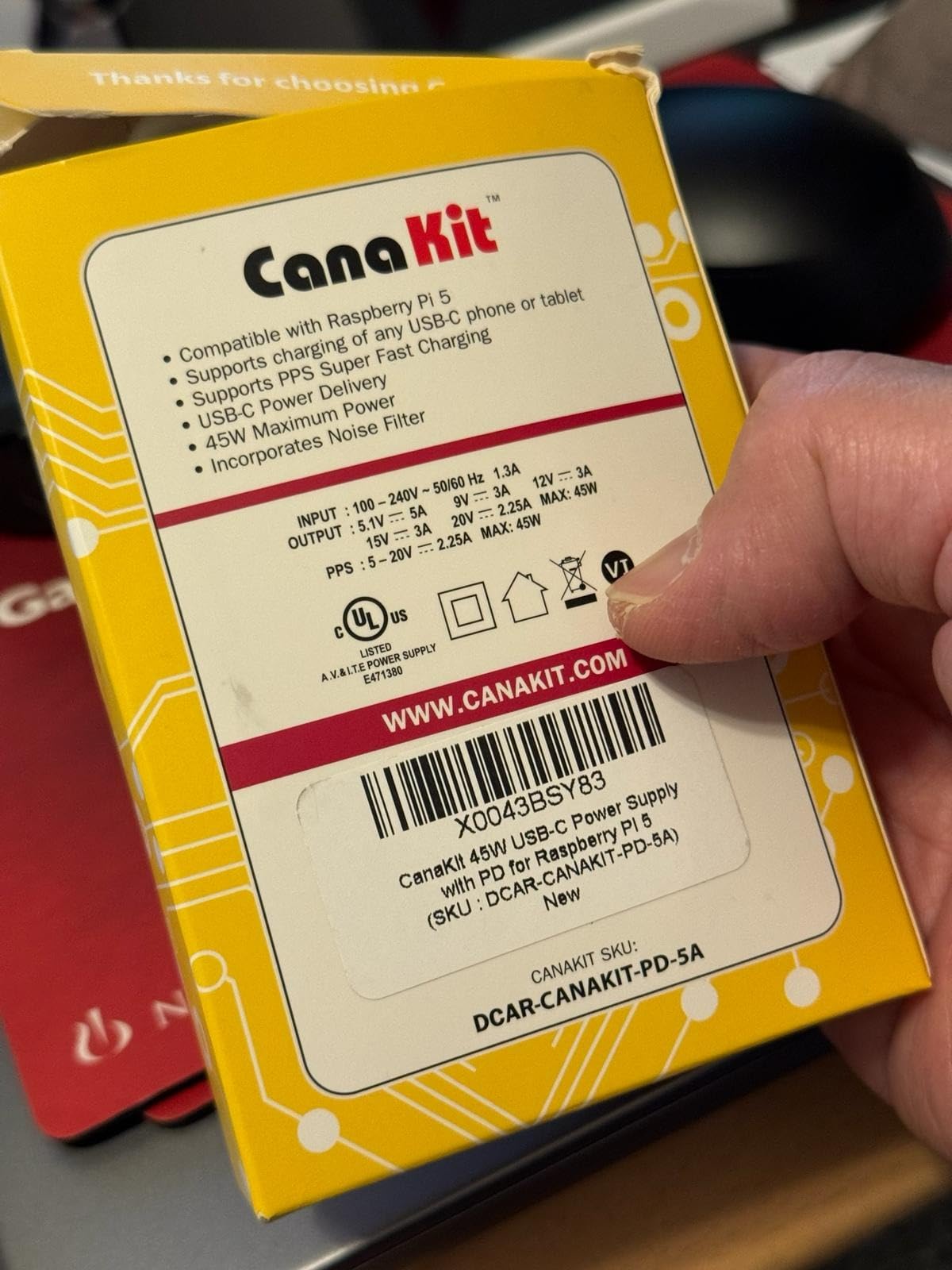 CanaKit 45W USB-C Power Supply with PD for Raspberry Pi 5 (27W @ 5A) customer photo 1