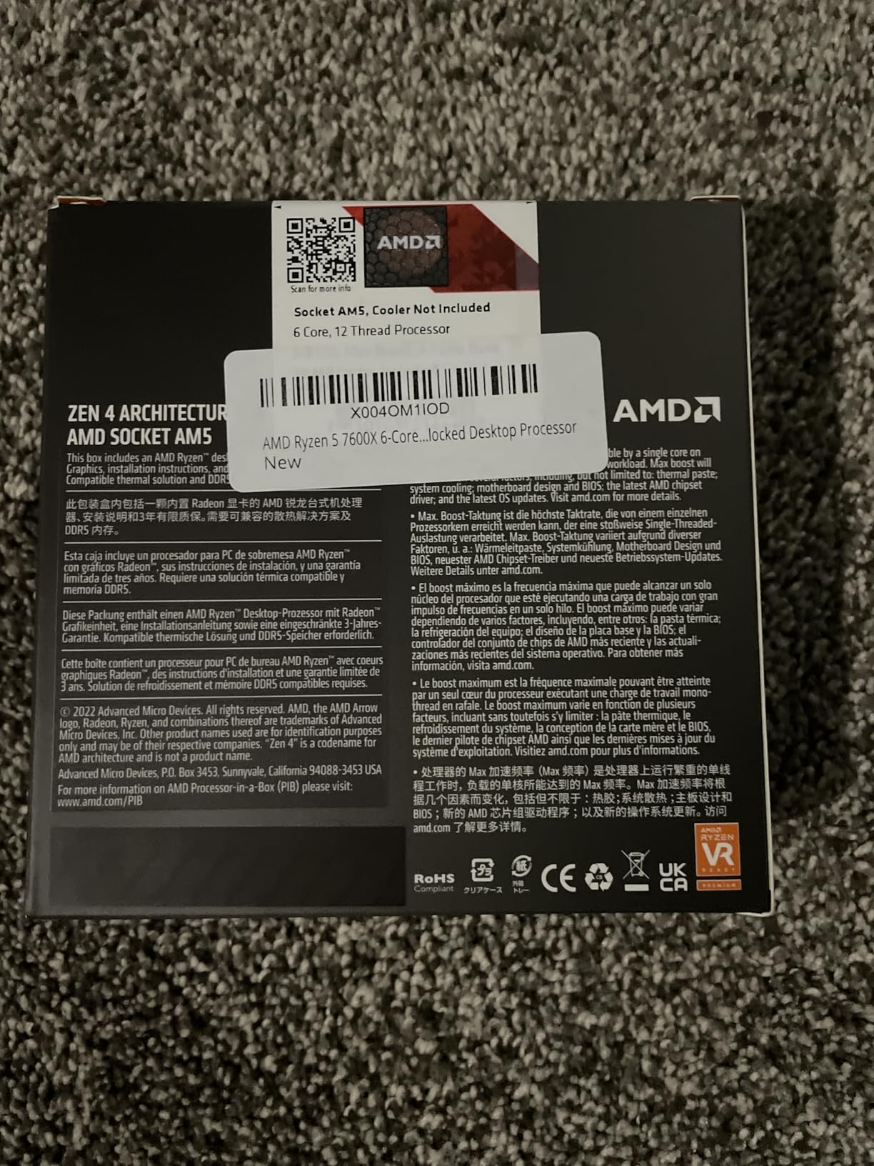 AMD Ryzen 5 7600X 6-Core, 12-Thread Unlocked Desktop Processor customer photo 1