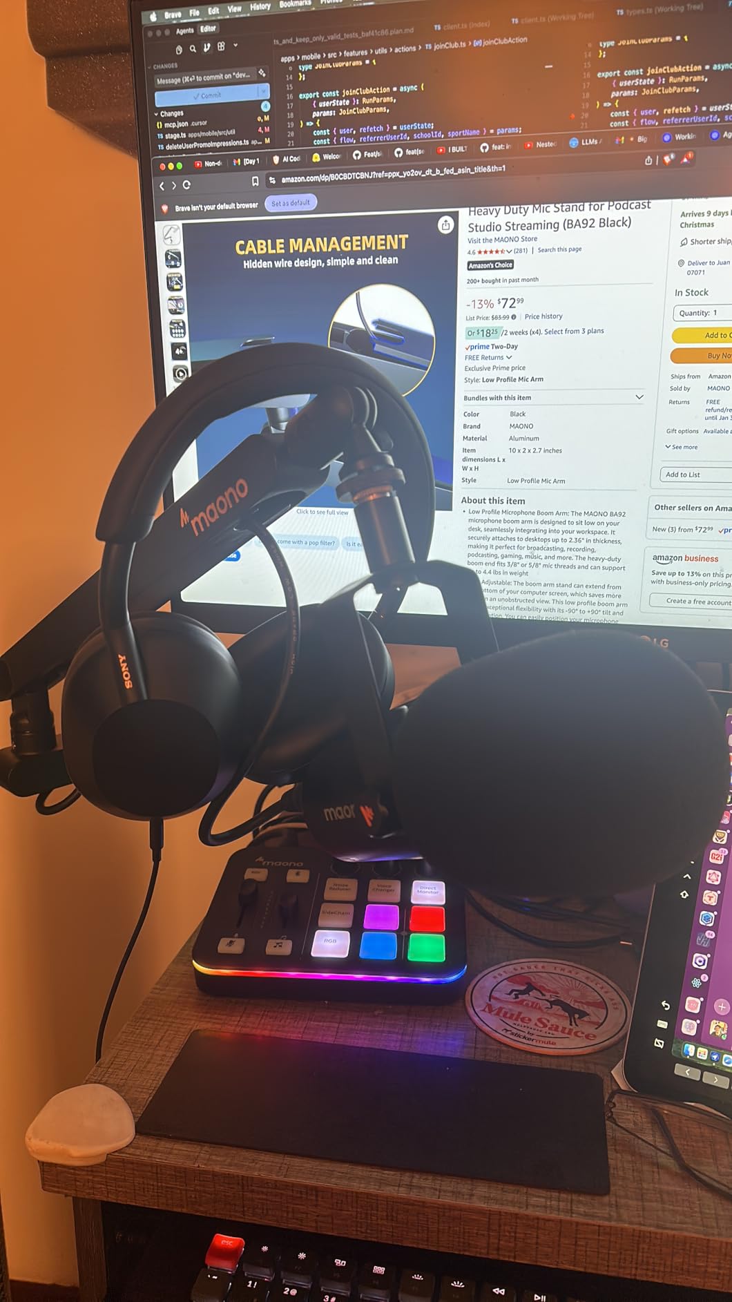MAONO BA92 Low Profile Mic Boom Arm, Cable Management Microphone Stand | Heavy-duty adjustable desk clamp, metal construction, podcast studio streaming, clean desktop setups, black finish customer photo 1
