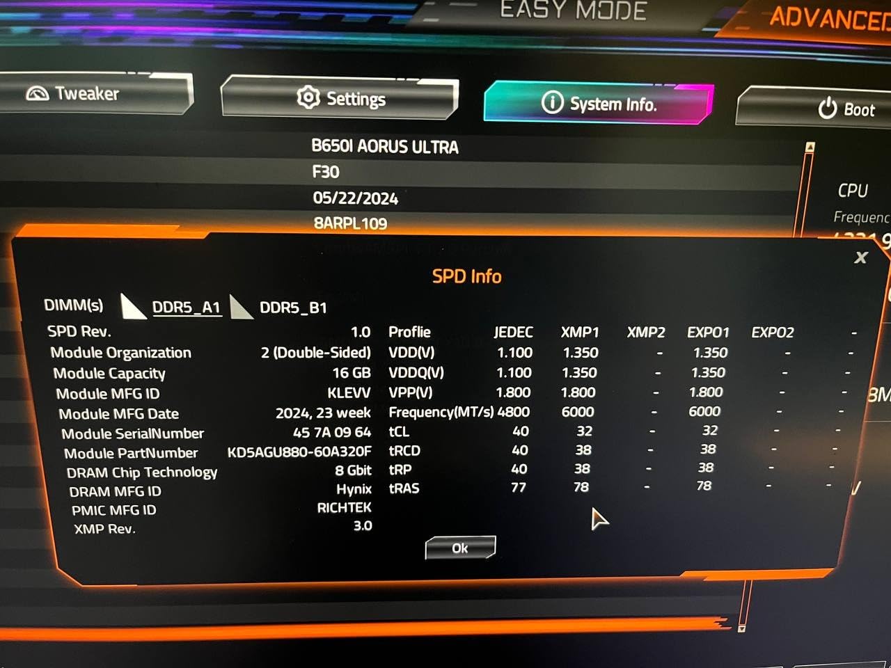 KLEVV FIT V DDR5 32GB (2x16GB) 6000MHz CL30 SK Hynix A-Die 1.35V Gaming Desktop Ram Memory XMP 3.0 / AMD Expo Ready (KD5AGU880-60A300F) customer photo 1