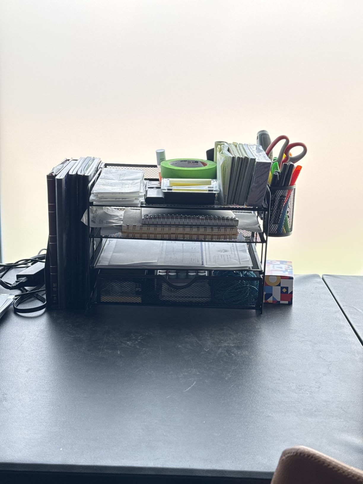 WALI Desk File Organizer, 4 Tier Desktop Paper Letter Tray Organizer with Drawer and 2 Pen Holders, Office Desk Accessories & Workspace Organizers for Office, Home Supplies (DO005DH-B), 1 Pack, Black customer photo 1