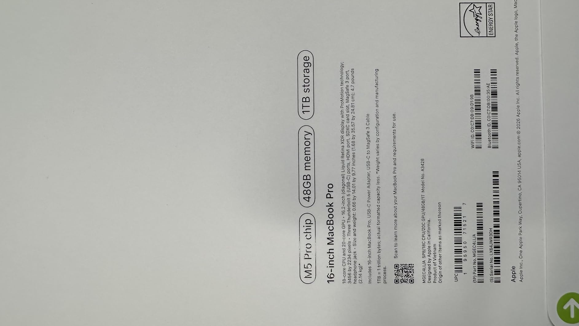 2026 MacBook Pro Laptop with Apple M5 Pro chip with 18-core CPU and 20-core GPU: Built for AI, 16.2-inch Liquid Retina XDR Display, 48GB Unified Memory, 1TB SSD, Wi-Fi 7; Silver customer photo 1