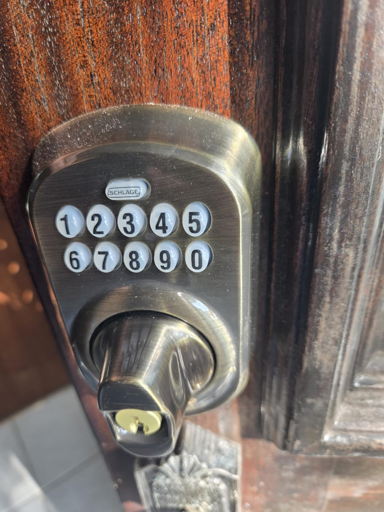 Schlage Electronic Keypad Deadbolt Lock, Camelot Trim, Satin Nickel | Keyless entry door lock, Push button keypad deadbolt, Key backup included, Certified security, Easy install, BE365 customer photo 1