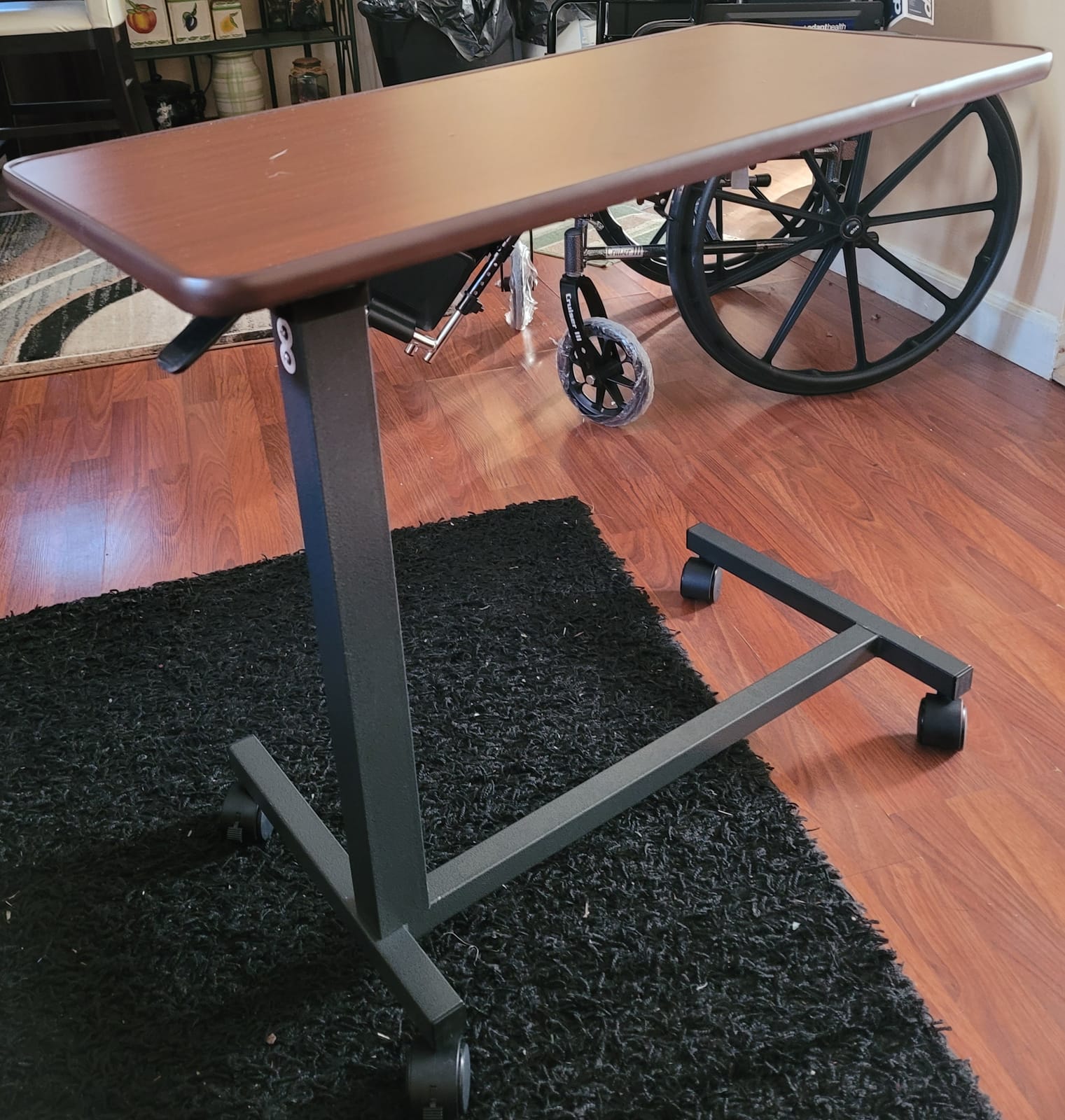 Essential Medical Supply Height Adjustable Automatic Overbed Table - Woodgrain Top with Locking Wheels, Perfect for Hospital and Home Use - Table for Easy Access and Convenience for Adults and Seniors customer photo 1