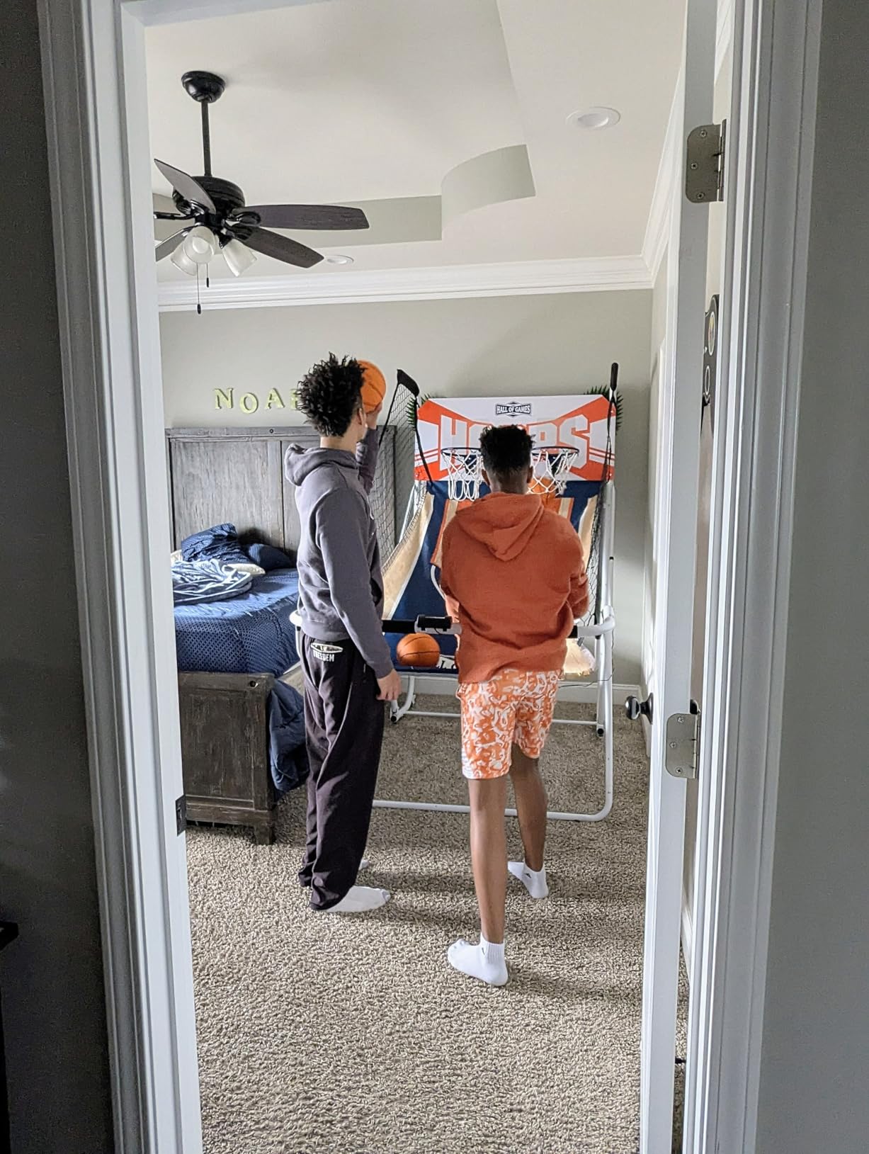 Hall of Games EZ Fold Premium Indoor Arcade Basketball Game with Steel Frame and Polycarbonate Backboard, Dual Shot Electronic Scoring with 6 Size 3 Balls Included, Perfect for Basement Game Rooms customer photo 1