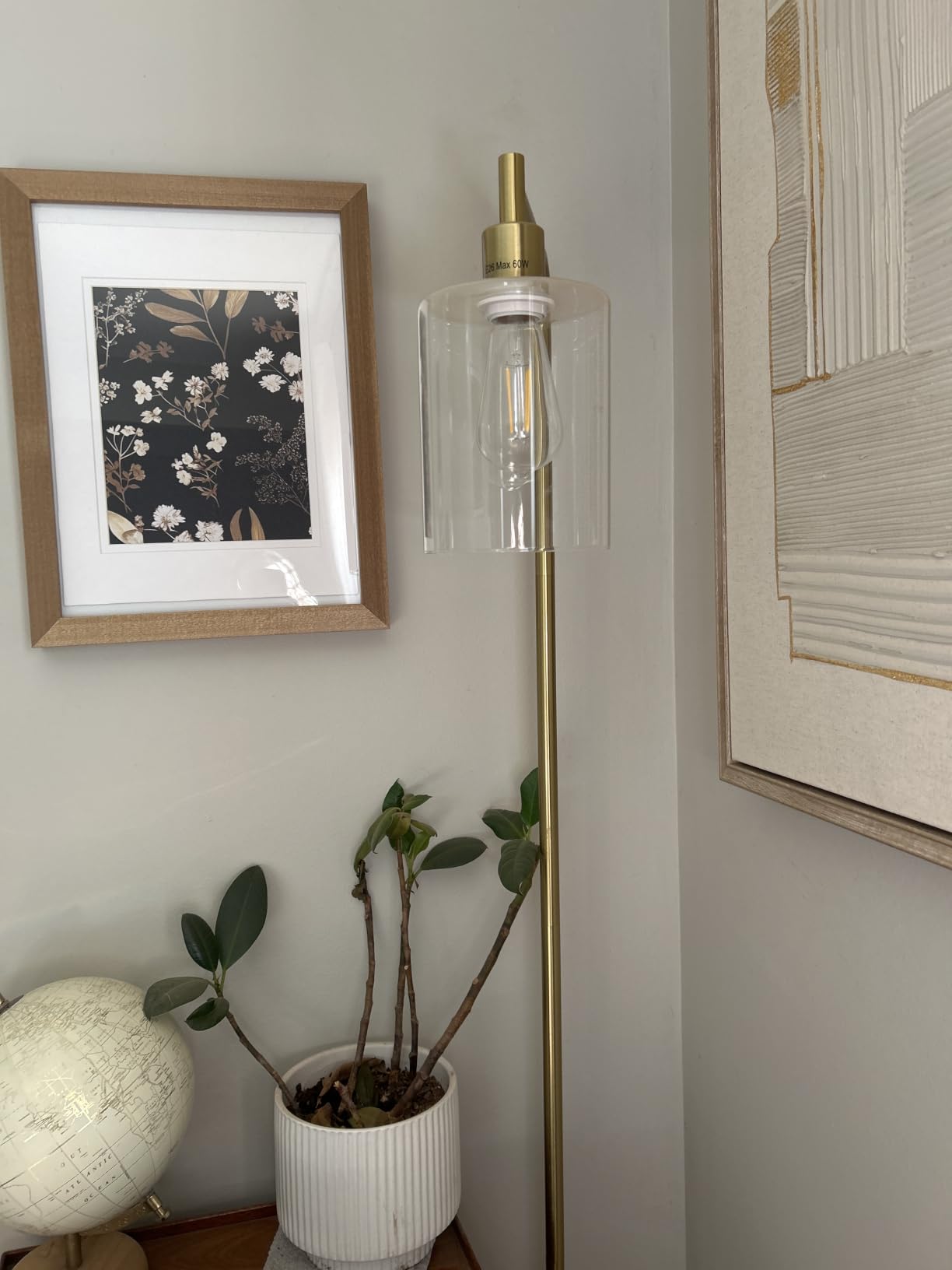 Bosceos Brass Gold Industrial Floor Lamp with Hanging Glass Shade | Farmhouse Indoor Pole Light with ST64 Bulb, E26 Base, Vintage Rustic Standing Tall Lighting for Living Room Bedroom Office customer photo 2