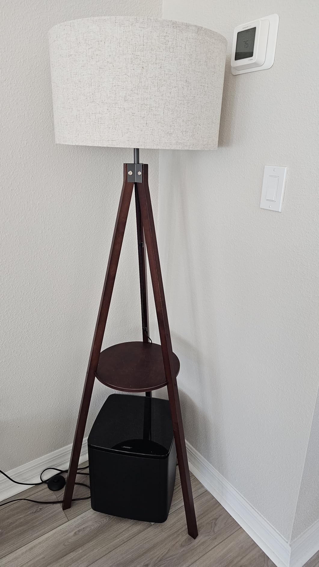 LEPOWER Shelf Floor Lamp Tripod Mid Century Modern Lamps for Living Room | Light-Diffusing Linen Shade, Premium Rubberwood, E26 Base, Foot Switch, Adding Warmth to Bedroom, Office & Study Corner Brown customer photo 1