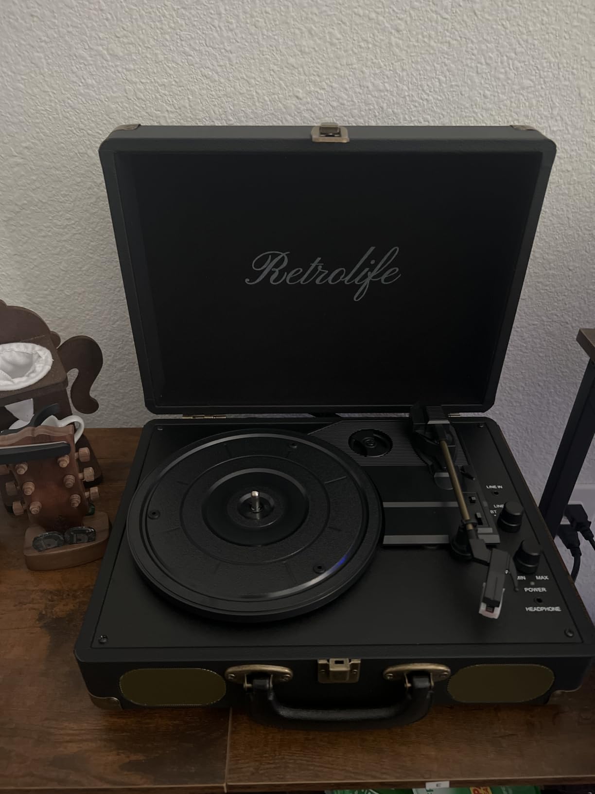 Retrolife® Vinyl Record Player with Speakers, Bluetooth Vinyl Player-Black | Portable, 3-Speed BT Turntable, Belt-Driven, RCA Line Out & Headphone Jack, Auto Stop, Plays 7/10/12