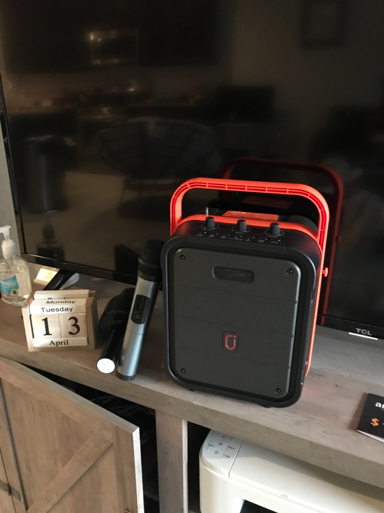 JYX Karaoke Machine with Two Wireless Microphones, Portable Bluetooth Speaker with Bass/Treble Adjustment, PA System with Remote Control, LED Lights,Supports TF Card/USB/AUX/TWS customer photo 1