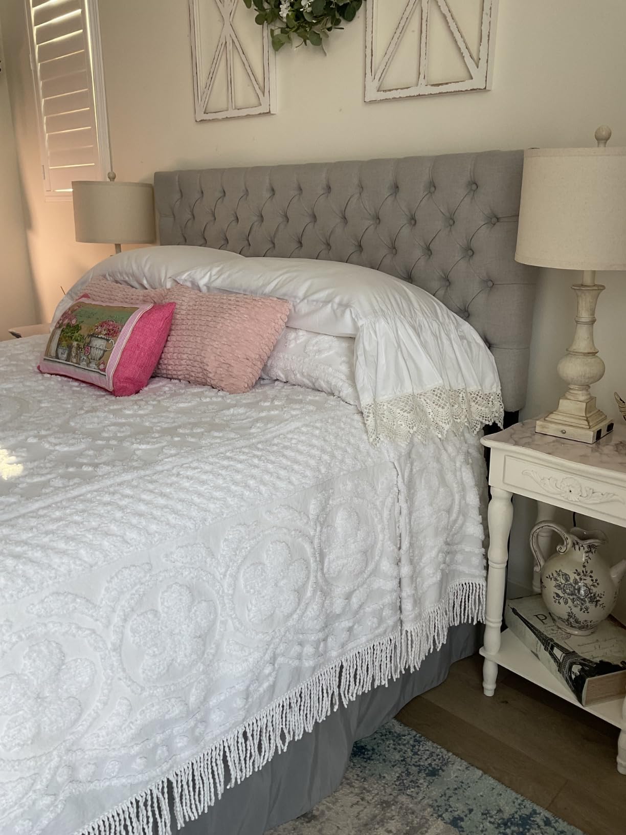 Emily Floral Chenille Bedspread (Blue, Queen) | Soft cotton chenille bedspread with floral design, textured detailing, and lightweight coverage for coordinated bedroom décor customer photo 1