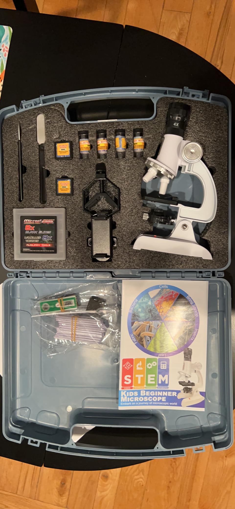 58-Piece Kids Microscope Kit - 100X-1200X Magnification, Metal Body, LED Light, Carrying Box - Science Experiment Toy for Kids Ages 5-12 customer photo 2