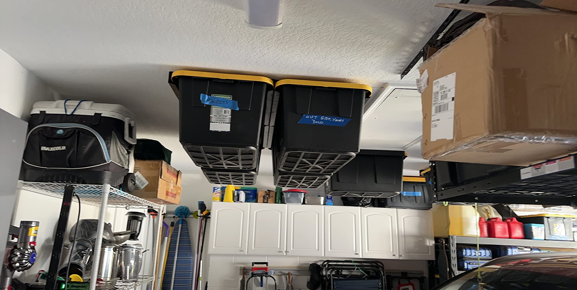 Koova Heavy-Duty Overhead Garage Storage Rack for 4 Bins. Adjustable Width, 160lb Capacity. DIY Safe Ceiling Mount, Easy Install. Fits 27-Gallon Totes. USA Made Pro-Grade Steel. Space Saving Organizer customer photo 2