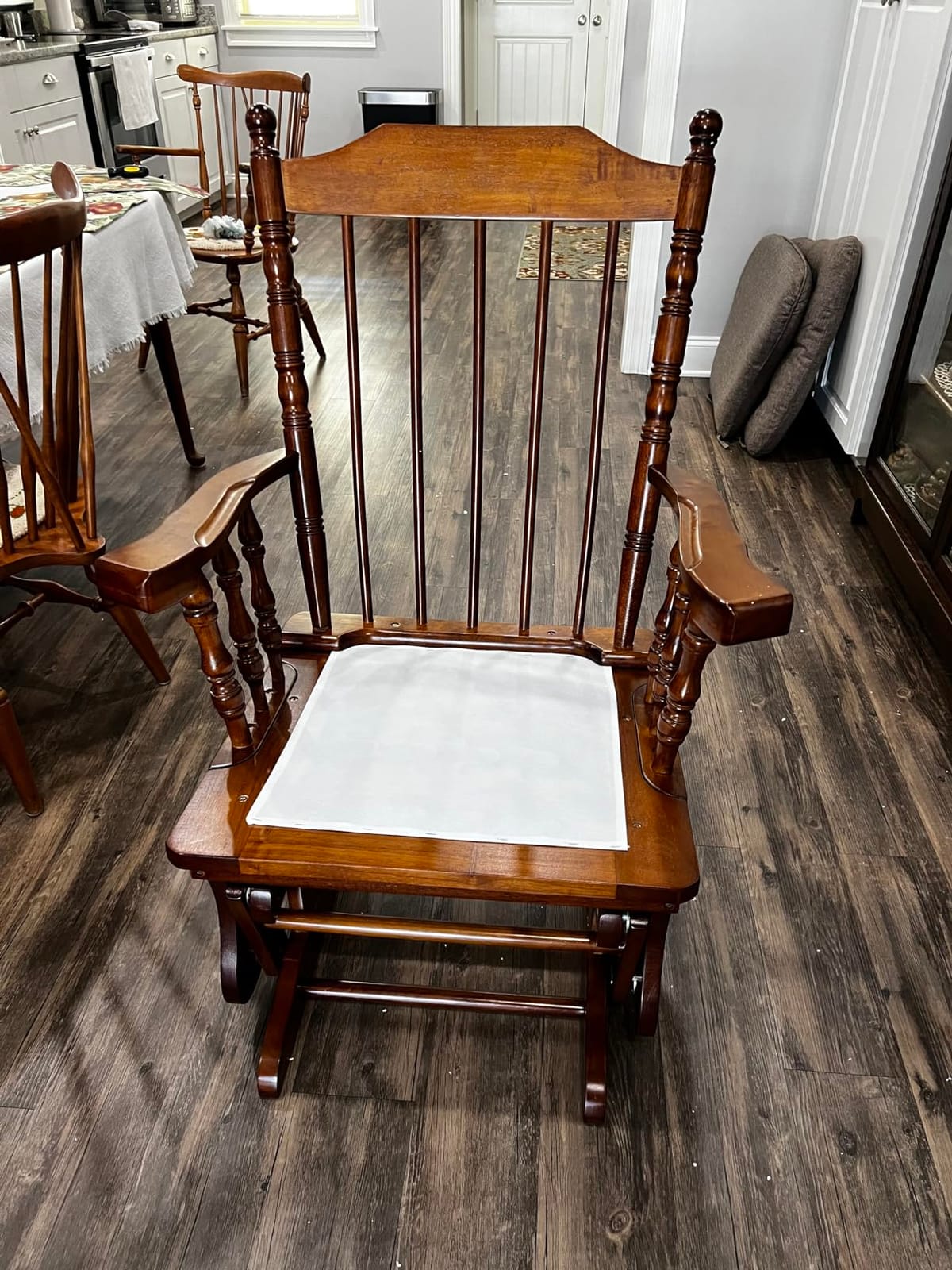 Rustic Nursery Glider Chair with Ottoman, Rubber Wood Glider Rocking Chair Set, Silent Bearings & Anti-Pinch Design, High Density Foam Cushion for Living Room Bedroom Nursing, Honey Wood Finish customer photo 2