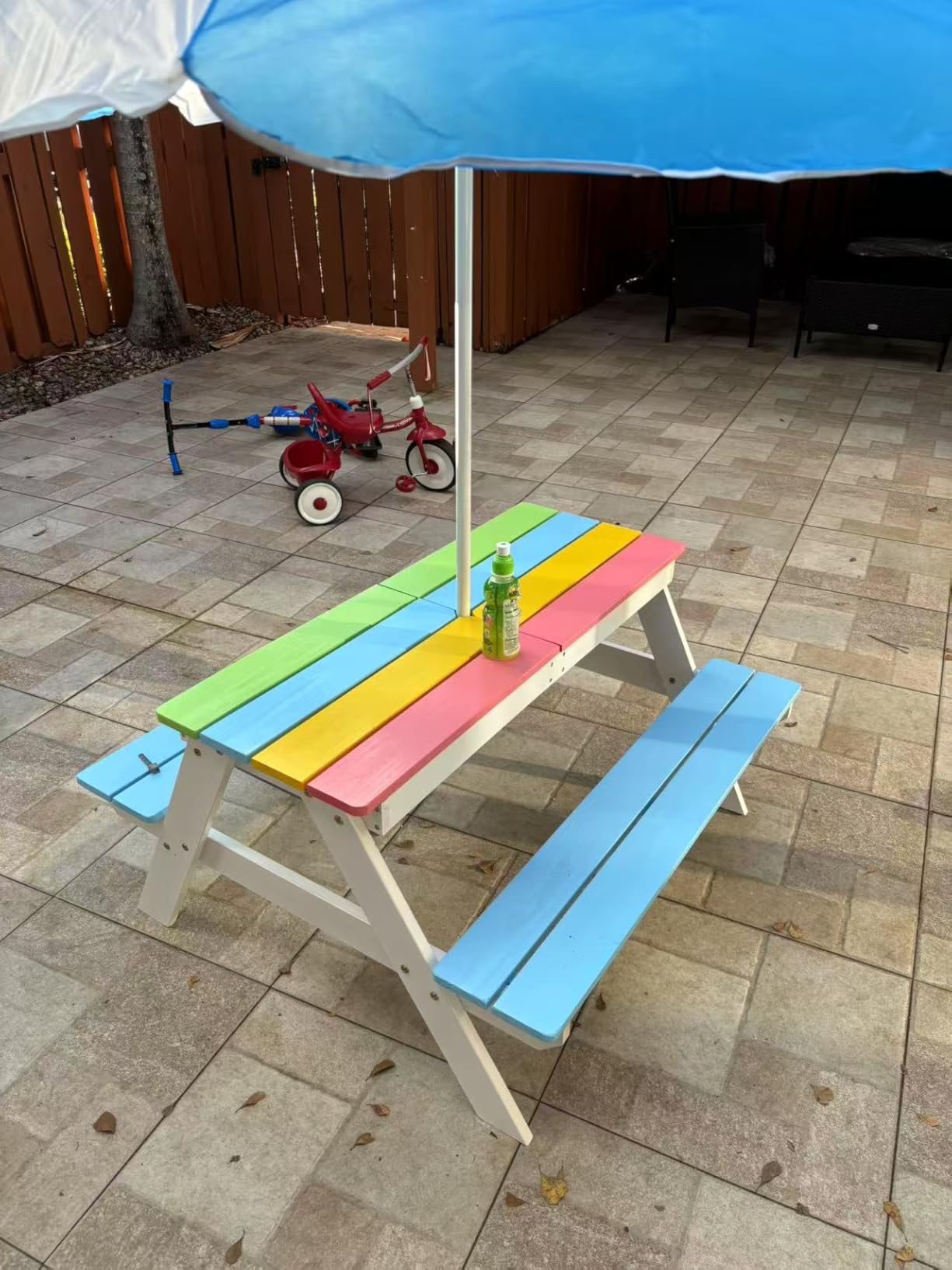 Costzon Kids Picnic Table with Sensory Bins, 4 in 1 Sand and Water Table with Height Adjustable Umbrella, Removable Tabletop, Wooden Kids Outdoor Table for Backyard Patio Play customer photo 1