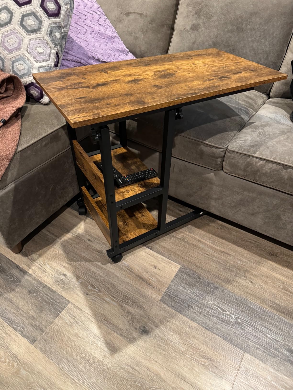 Hadulcet C Shaped Side Table Adjustable, Height Adjustable C Table with Wheels and Storage Shelves for Couch Bed Recliner Rustic Brown customer photo 1