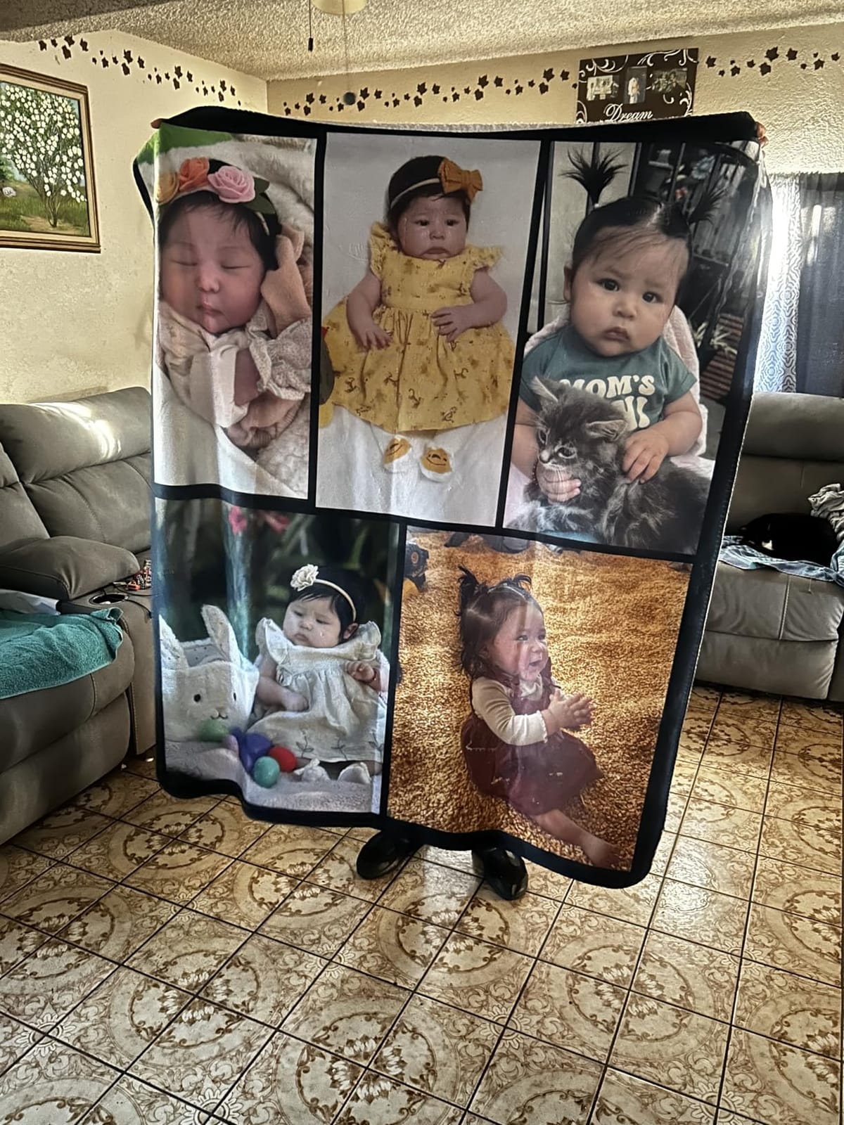Custom 1 Photo & Text Blanket 60x80 Lightweight Sherpa Backed Fleece customer photo 2