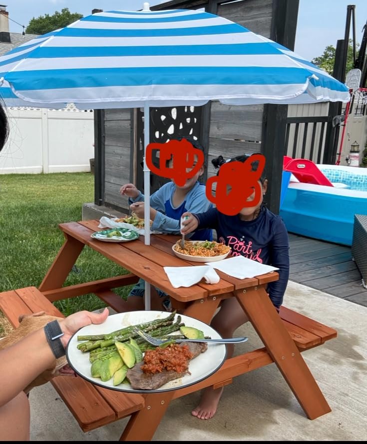 Best Choice Products Wooden Kids Picnic Table with Umbrella, Outdoor Activity Table Set with Built-in Benches, 220 lb Capacity per Bench - Navy customer photo 2