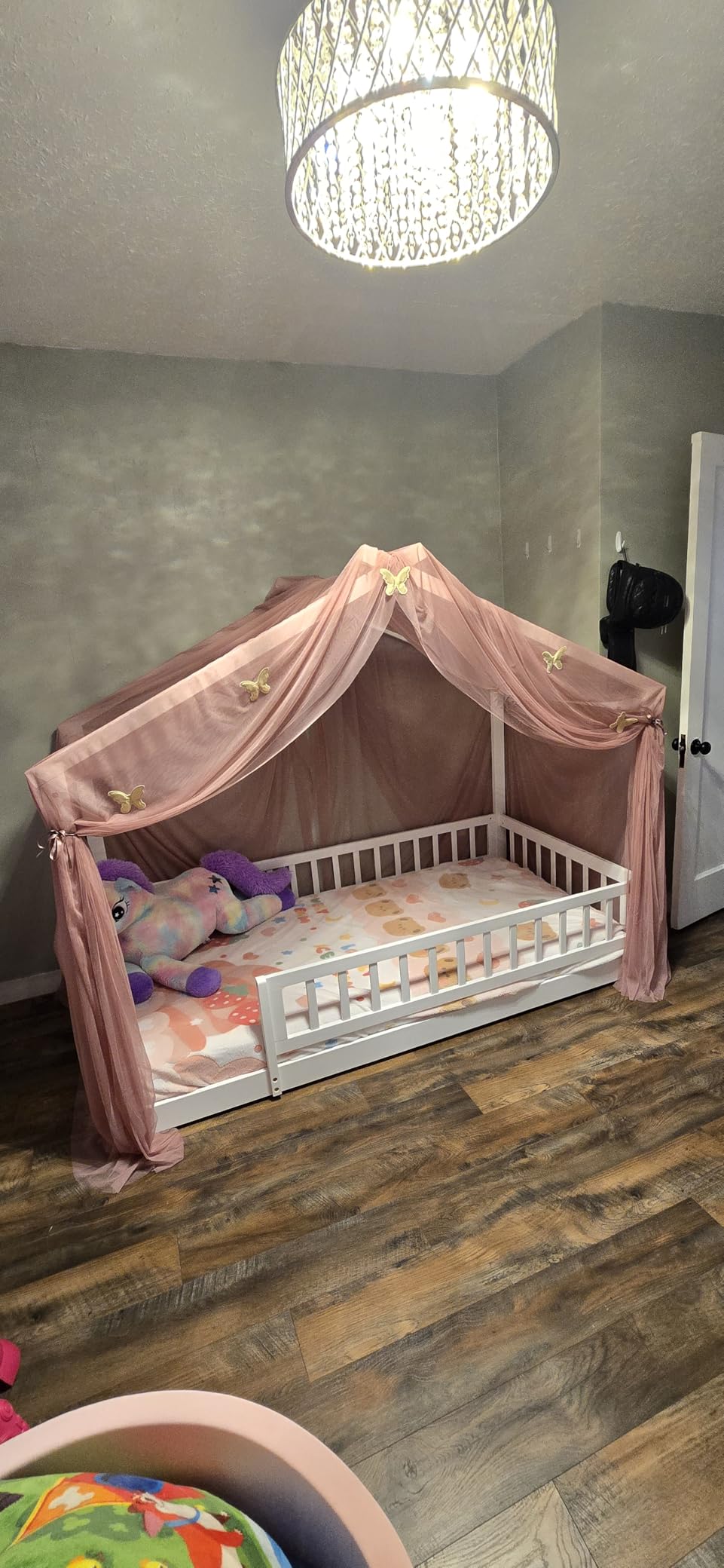 LLS Twin House Bed with Fence, Wooden Montessori Bed with Slats Support, Floor Bed Frame for Boys Girls Bedroom, White customer photo 1