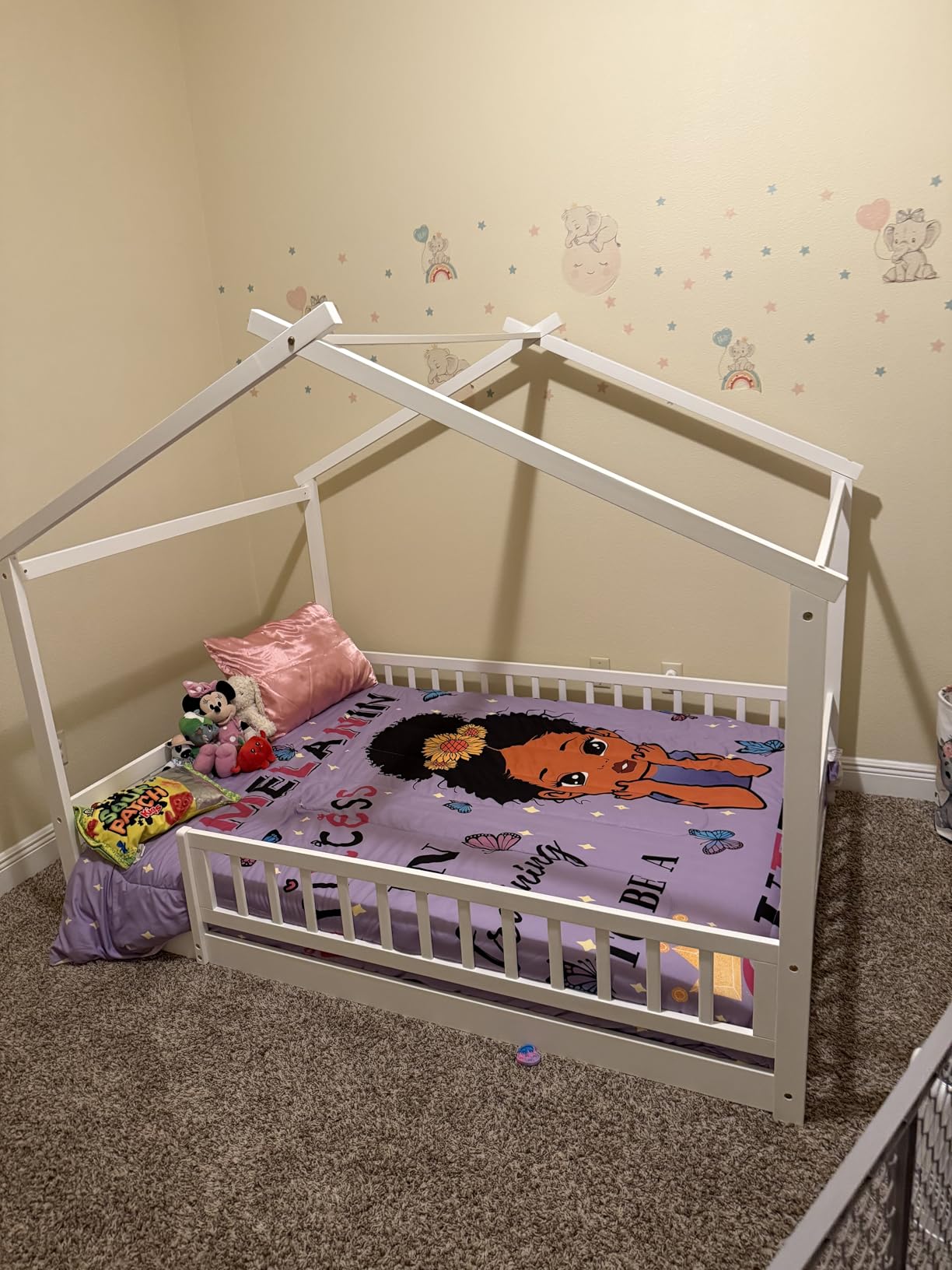 LLS Twin House Bed with Fence, Wooden Montessori Bed with Slats Support, Floor Bed Frame for Boys Girls Bedroom, White customer photo 2