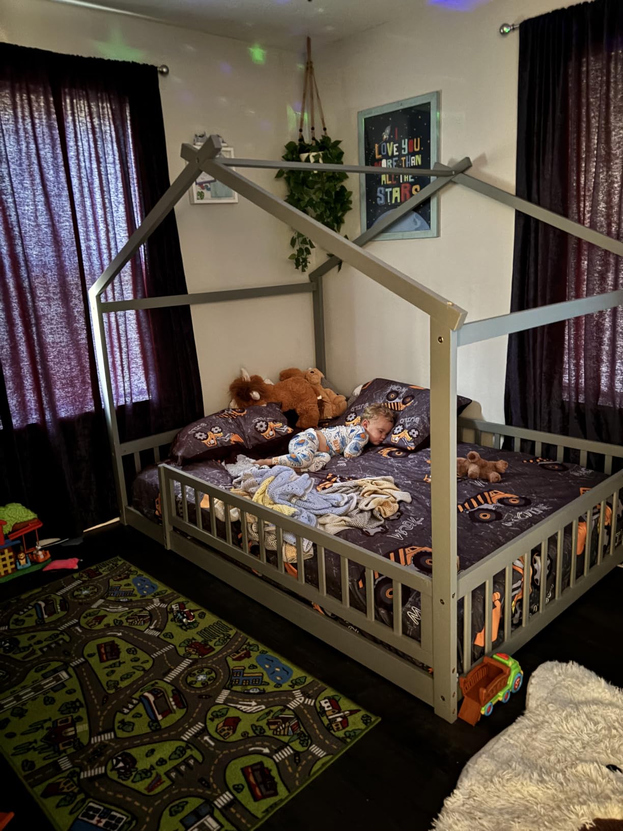 LLS Full Size House Bed with Fence, Wooden Montessori Bed with Slats Support, Floor Bed Frame for Boys Girls Bedroom, Natural customer photo 2