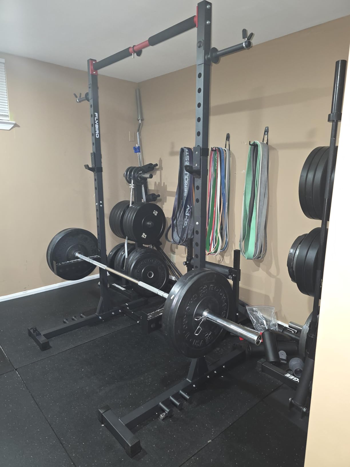 FLYBIRD SR1 Squat Rack, Adjustable Power Rack for 6FT/7FT Barbells | Squat Rack for Home Gyms with Pull-Up Bar,22 Adjustment Positions, J-Hooks and Safety Spotter Arms w/ 110/180LBS Home Package customer photo 1