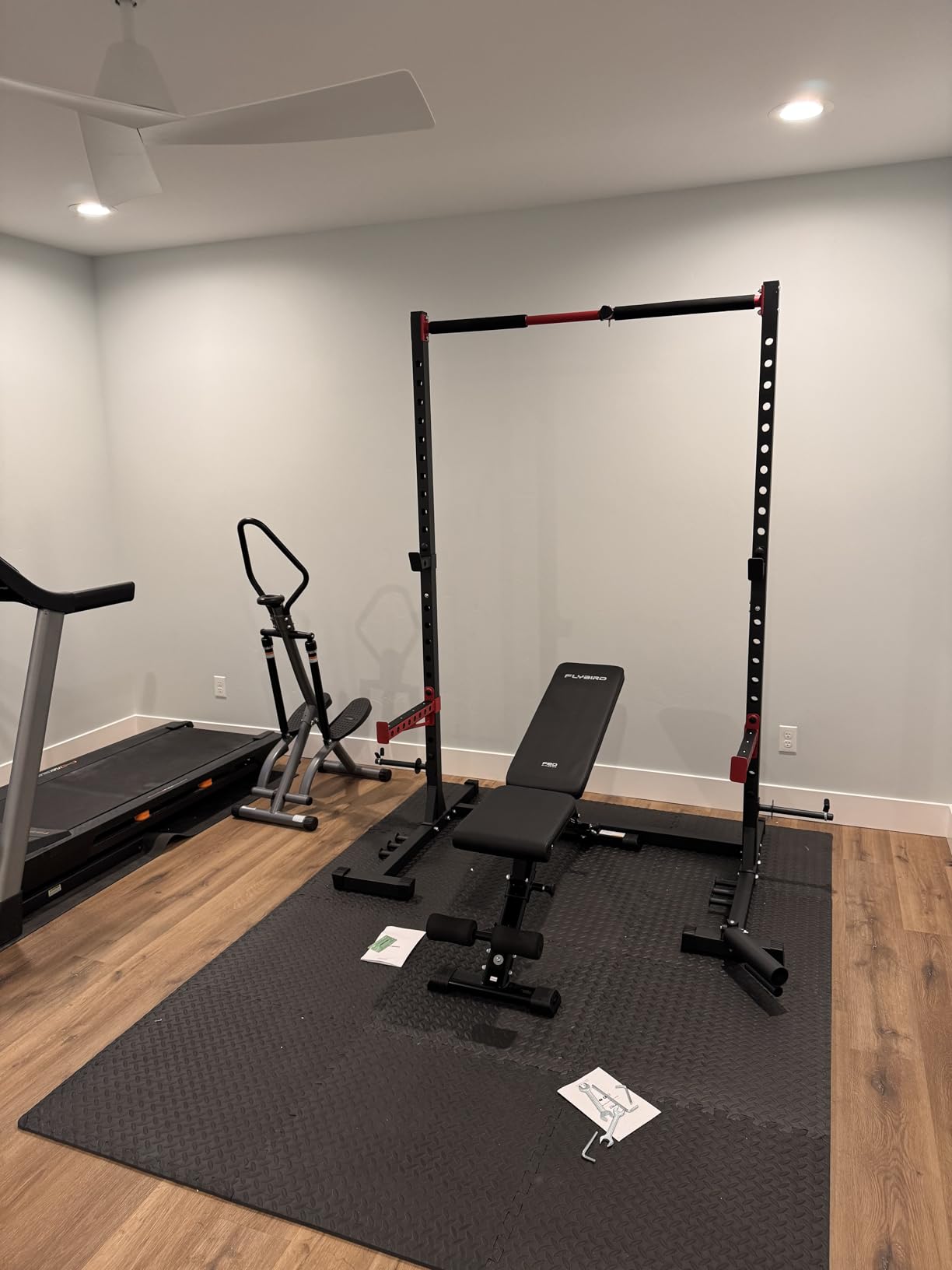 FLYBIRD SR1 Squat Rack, Adjustable Power Rack for 6FT/7FT Barbells | Squat Rack for Home Gyms with Pull-Up Bar,22 Adjustment Positions, J-Hooks and Safety Spotter Arms w/ 110/180LBS Home Package customer photo 2