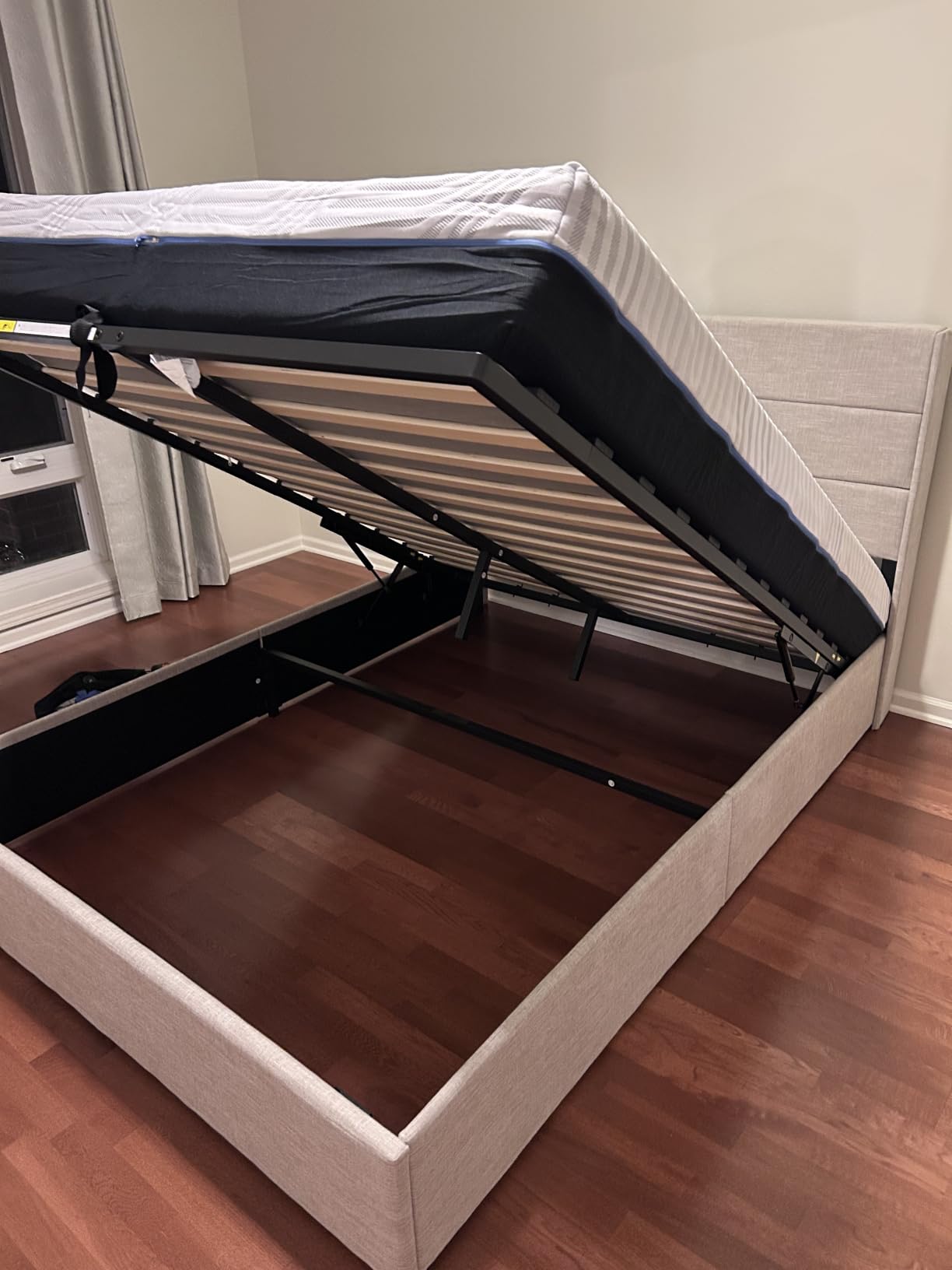 Allewie Queen Size Lift Up Hydraulic Storage Bed Frame Light Beige | Modern Wingback Headboard, Hydraulic Support Storage, No Box Spring Needed customer photo 2