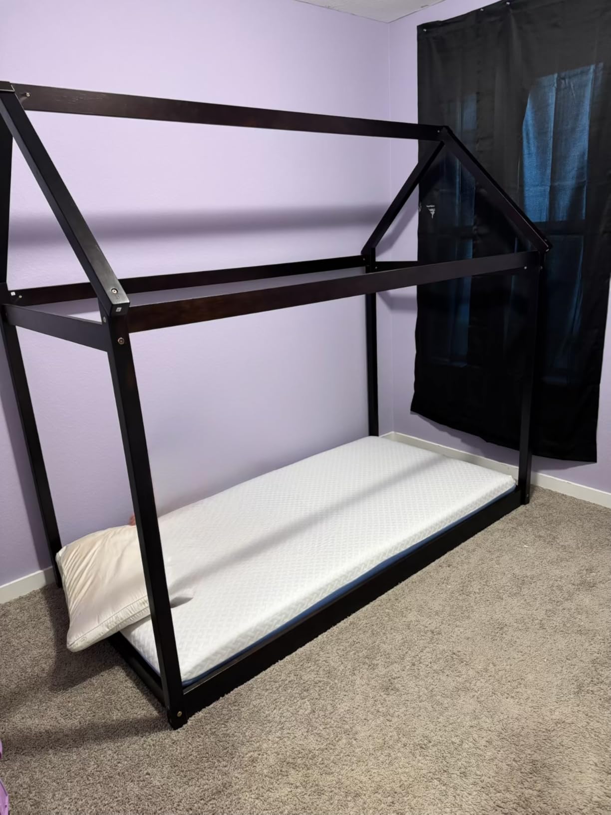 GIANTEX Twin House Bed, Wood Montessori Bed Frame with House Roof Canopy, Low Floor Bed with Sturdy Wood Slat Support, No Box Spring Needed, Twin Playhouse Bed for Kids Teens Boys Girls (Grey) customer photo 1