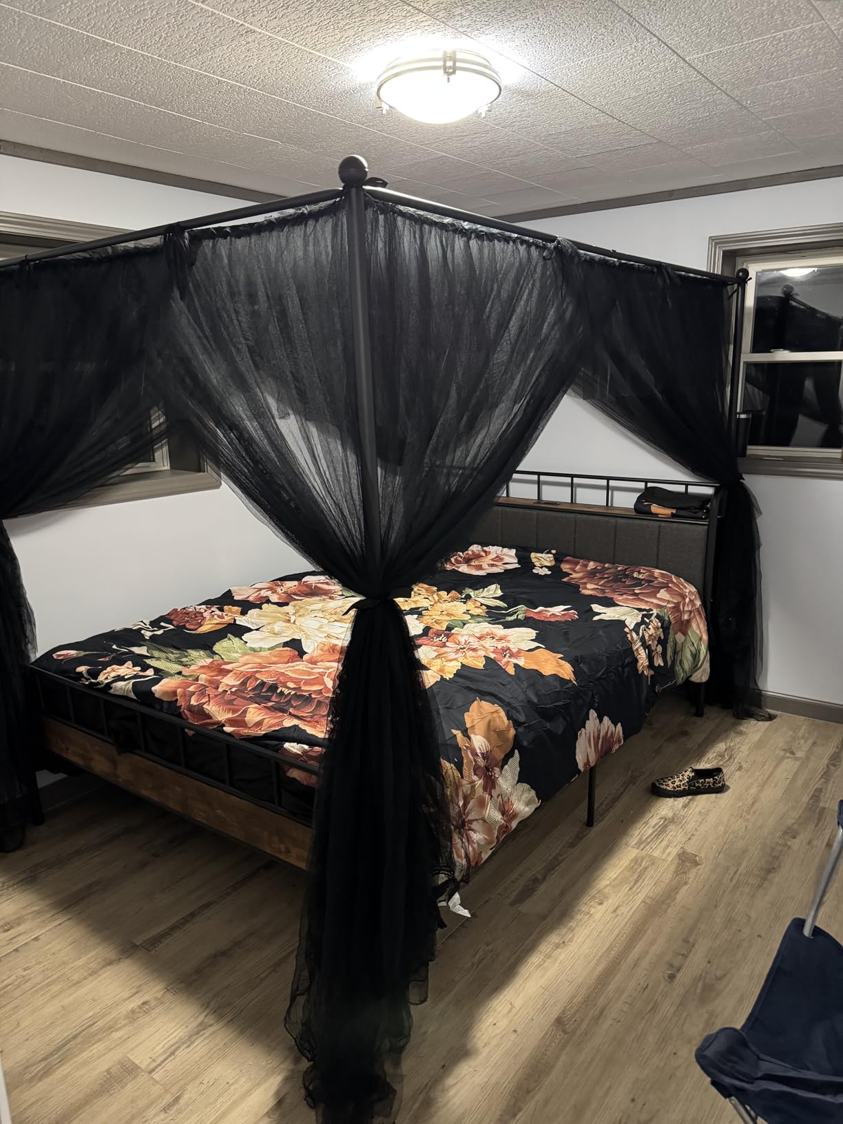 LIKIMIO Queen Canopy Bed Frame, Storage Headboard with Charging Station | Platform Bed with 4 Removable Sturdy Posts, Noise Free, No Box Spring Needed, Vintage Brown customer photo 2