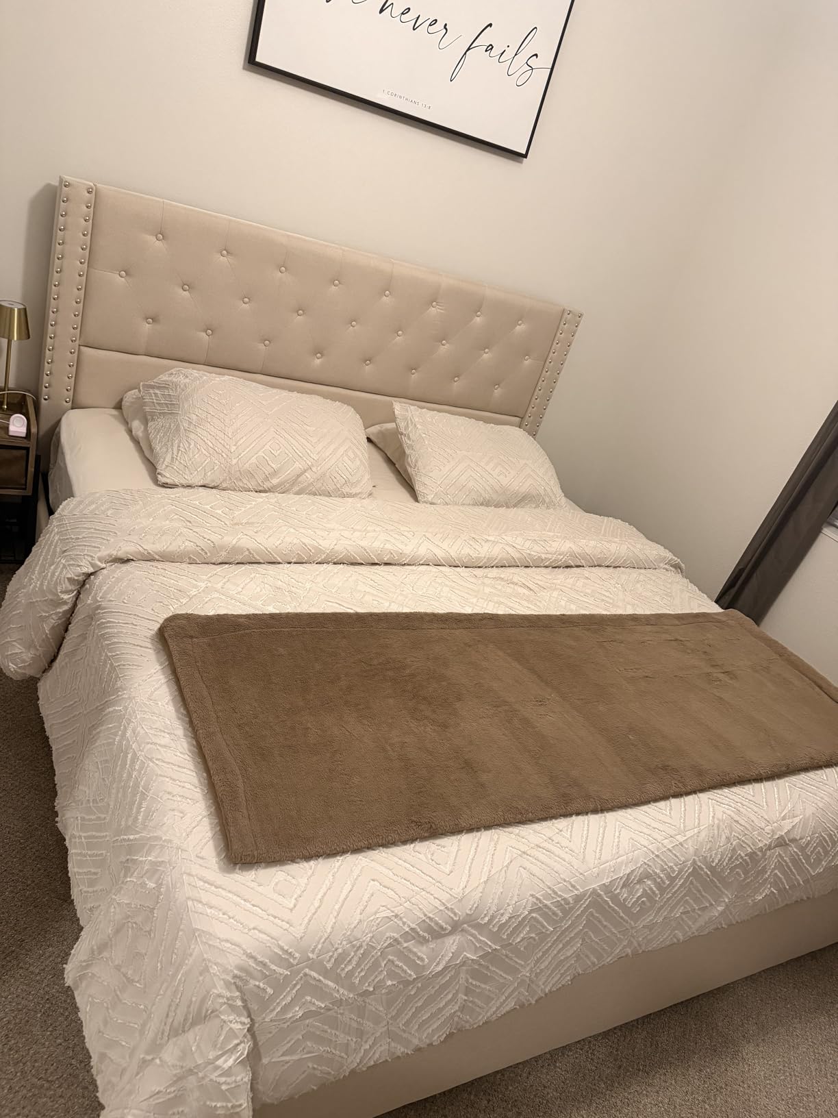 LARMACE King Size Bed Frame with 4 Storage Drawers and Tufted Headboard Linen Upholstered Platform Bed Frame with Heavy Duty Wood Slats, No Box Spring Needed, Easy Assembly, Beige customer photo 1