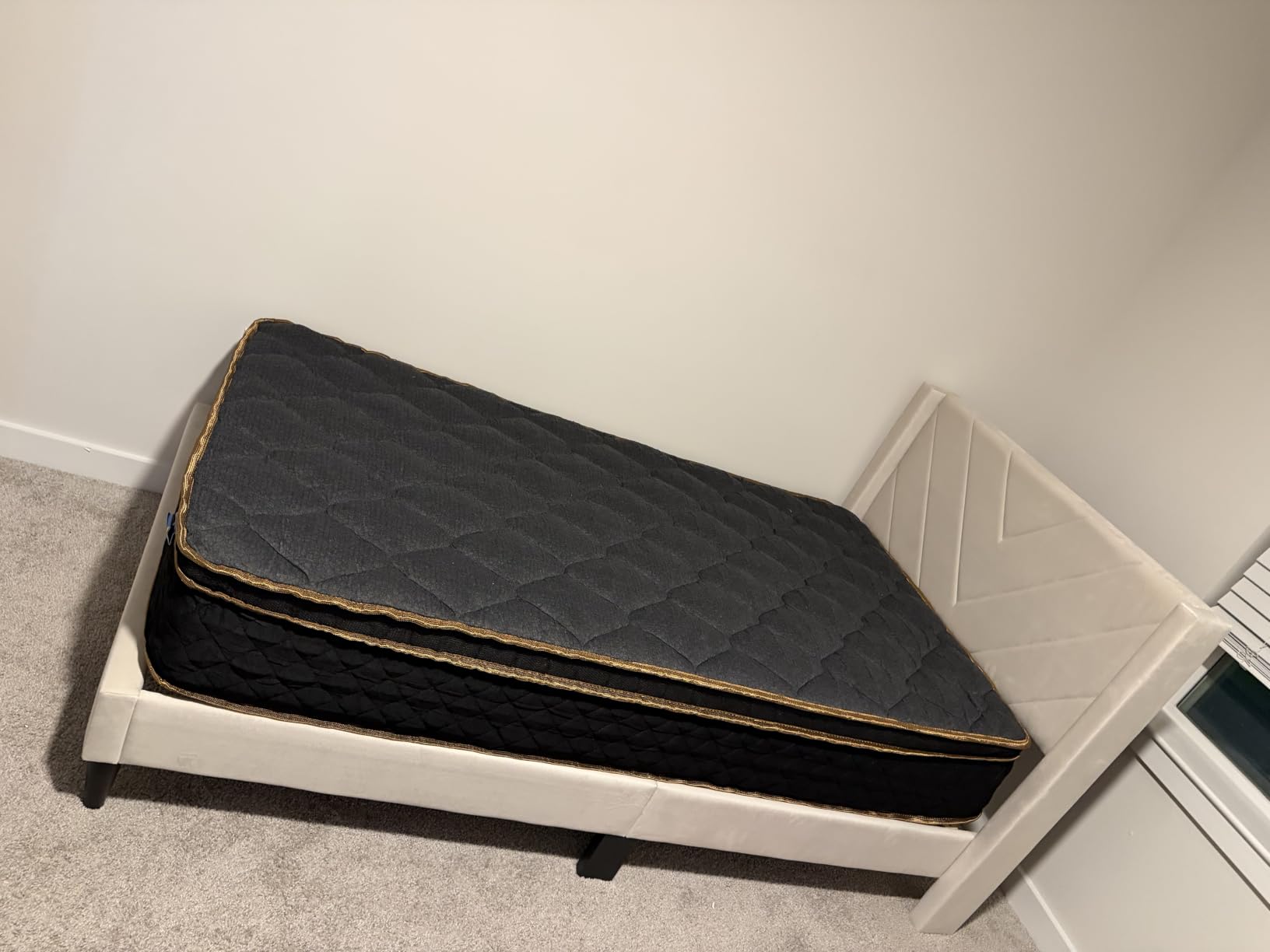 Yaheetech Queen Bed Frame with Chevron Channel-Tufted Headboard, Beige | Wood & fabric frame offers sturdy silent support, easy assembly, no box spring needed, and modern chevron style for bedrooms. customer photo 1