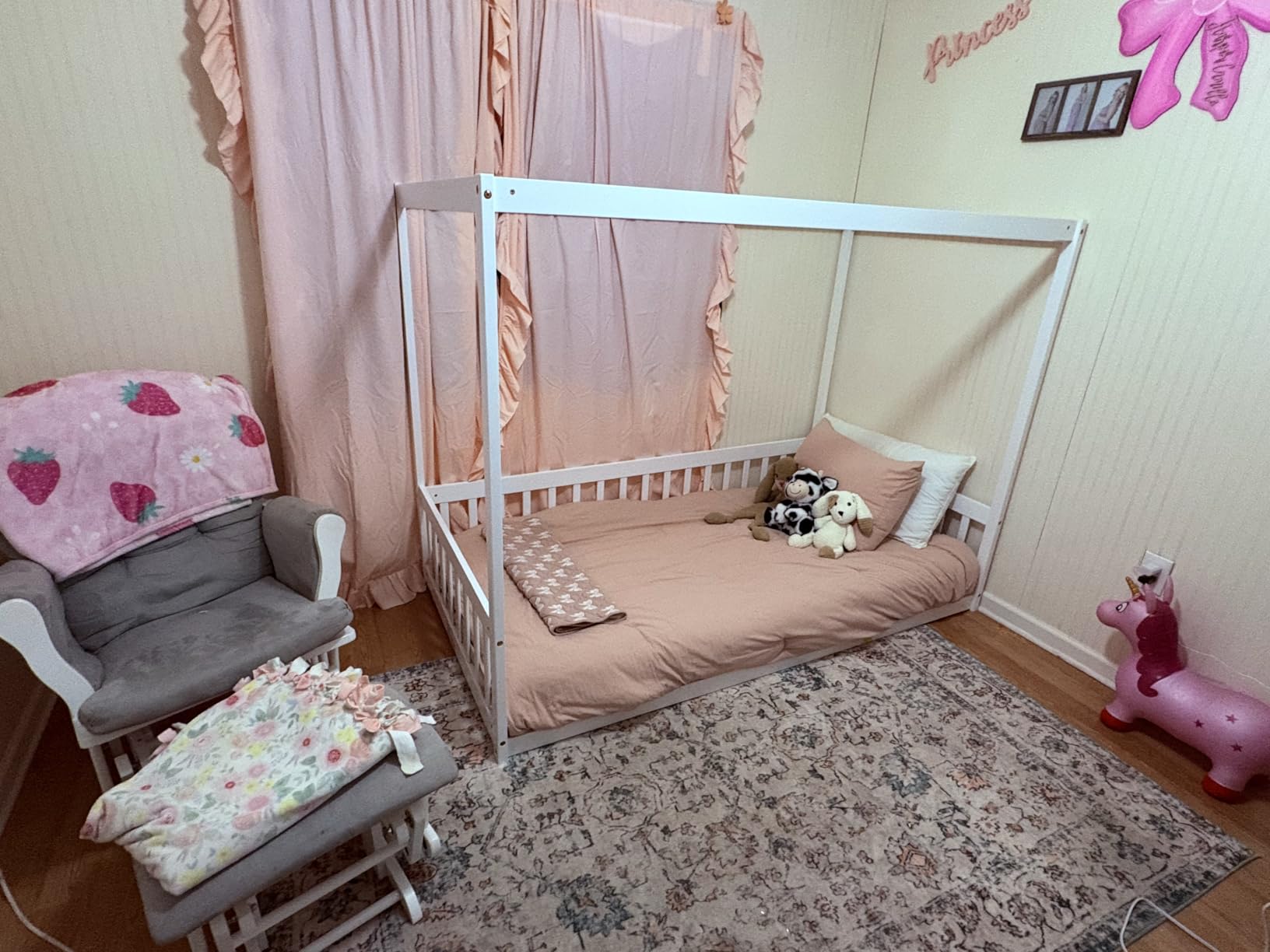Full Size Canopy Bed Frame with Guardrails for Kids, Floor Bed Full with Four Poster Design, Kids Montessori Floor Bed, Wood Canopy Bed Frame for Girls, Boys (Full, White) customer photo 1