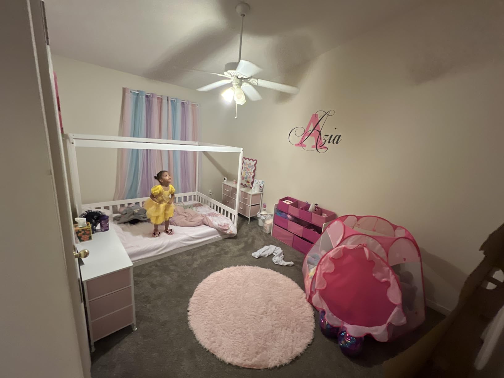 Full Size Canopy Bed Frame with Guardrails for Kids, Floor Bed Full with Four Poster Design, Kids Montessori Floor Bed, Wood Canopy Bed Frame for Girls, Boys (Full, White) customer photo 2