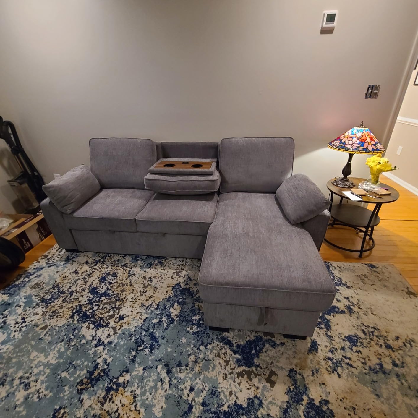 ERYE L-Shaped Pull Out Sleeper Sofa Bed, Modern Chenille Upholstered Button Tufted Corner Reversible Sleeper Sectional Sofa Couch with Storage Chaise, Drop-Down Table, Cup Holders and Charging Ports customer photo 1