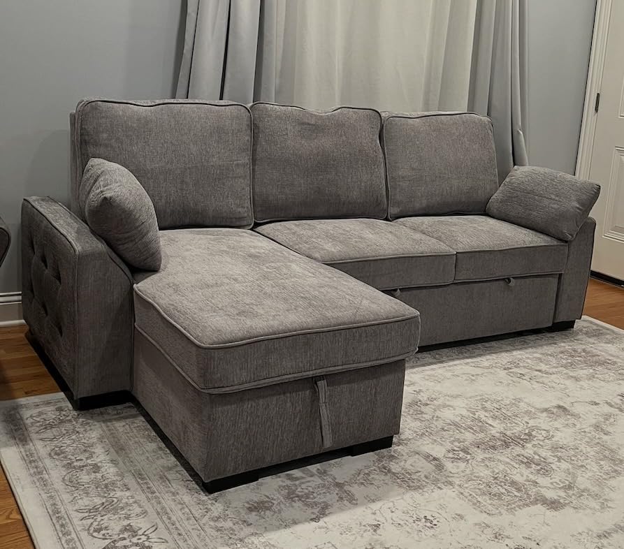 ERYE L-Shaped Pull Out Sleeper Sofa Bed, Modern Chenille Upholstered Button Tufted Corner Reversible Sleeper Sectional Sofa Couch with Storage Chaise, Drop-Down Table, Cup Holders and Charging Ports customer photo 2
