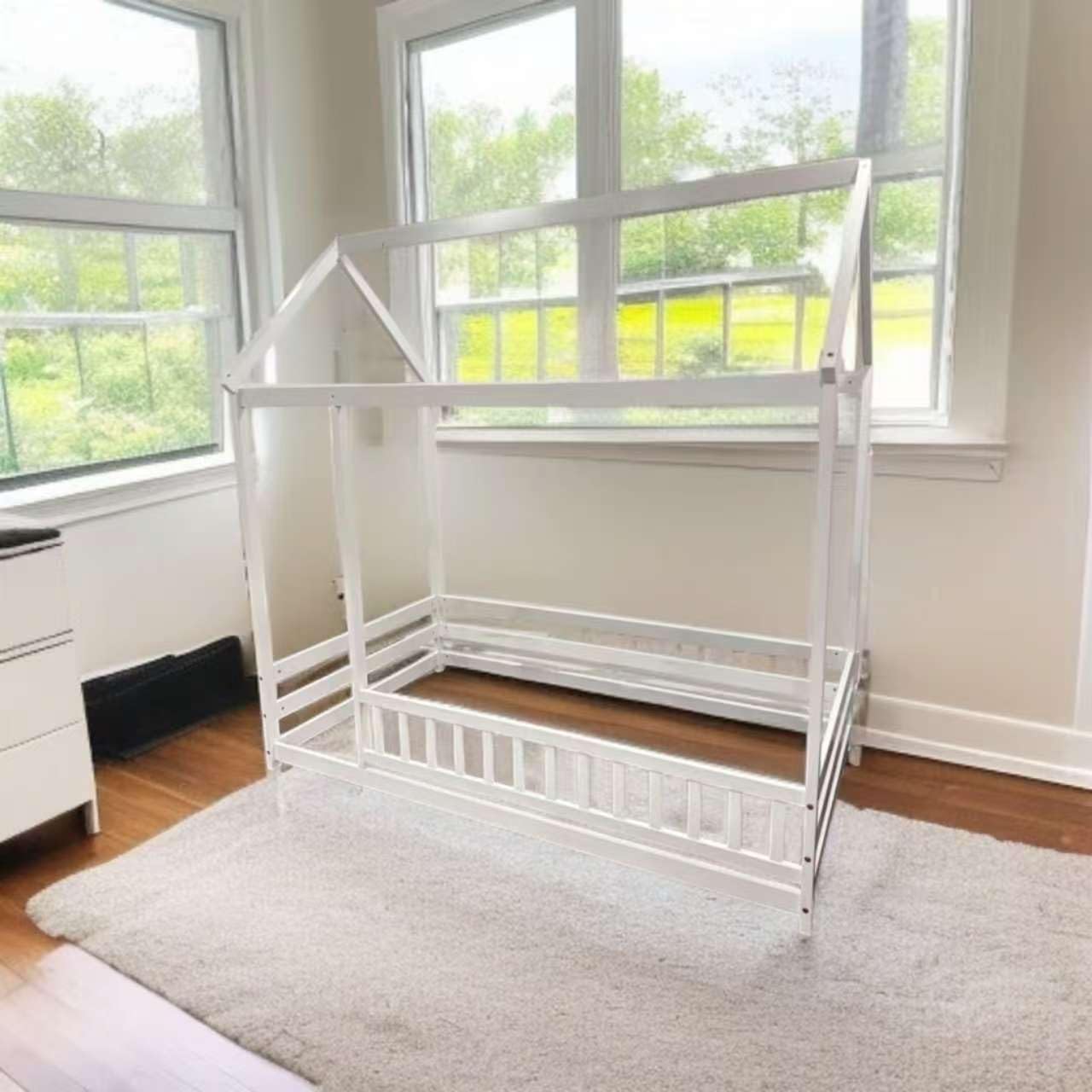 KOMFOTT Twin Size Floor House Bed, Wooden Montessori Bed with Roof & Full-Length Safety Guardrail, Floor Playhouse Bed Frame for Kids, Girls, Boys (Grey) customer photo 1