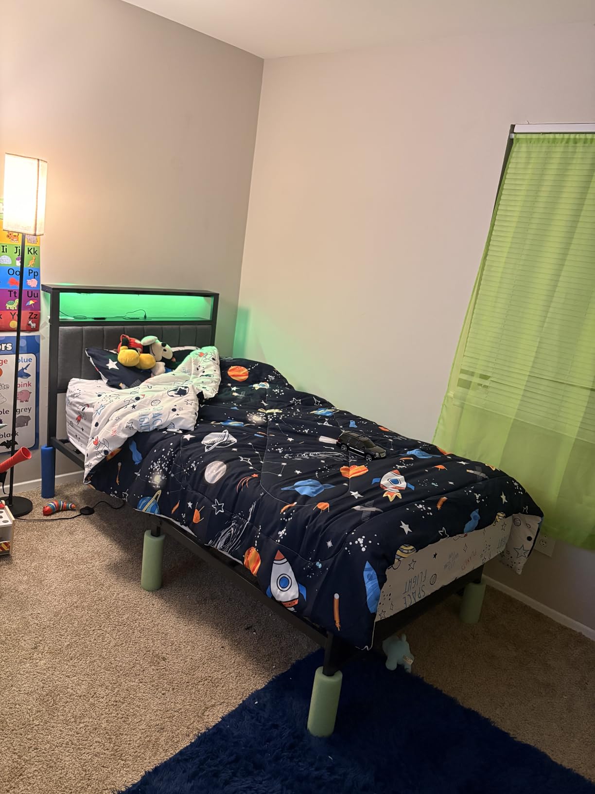 Furnulem Full Size Bed Frame with Charging Station and LED Lights, Platform Bed with Grey Upholstered Headboard customer photo 1