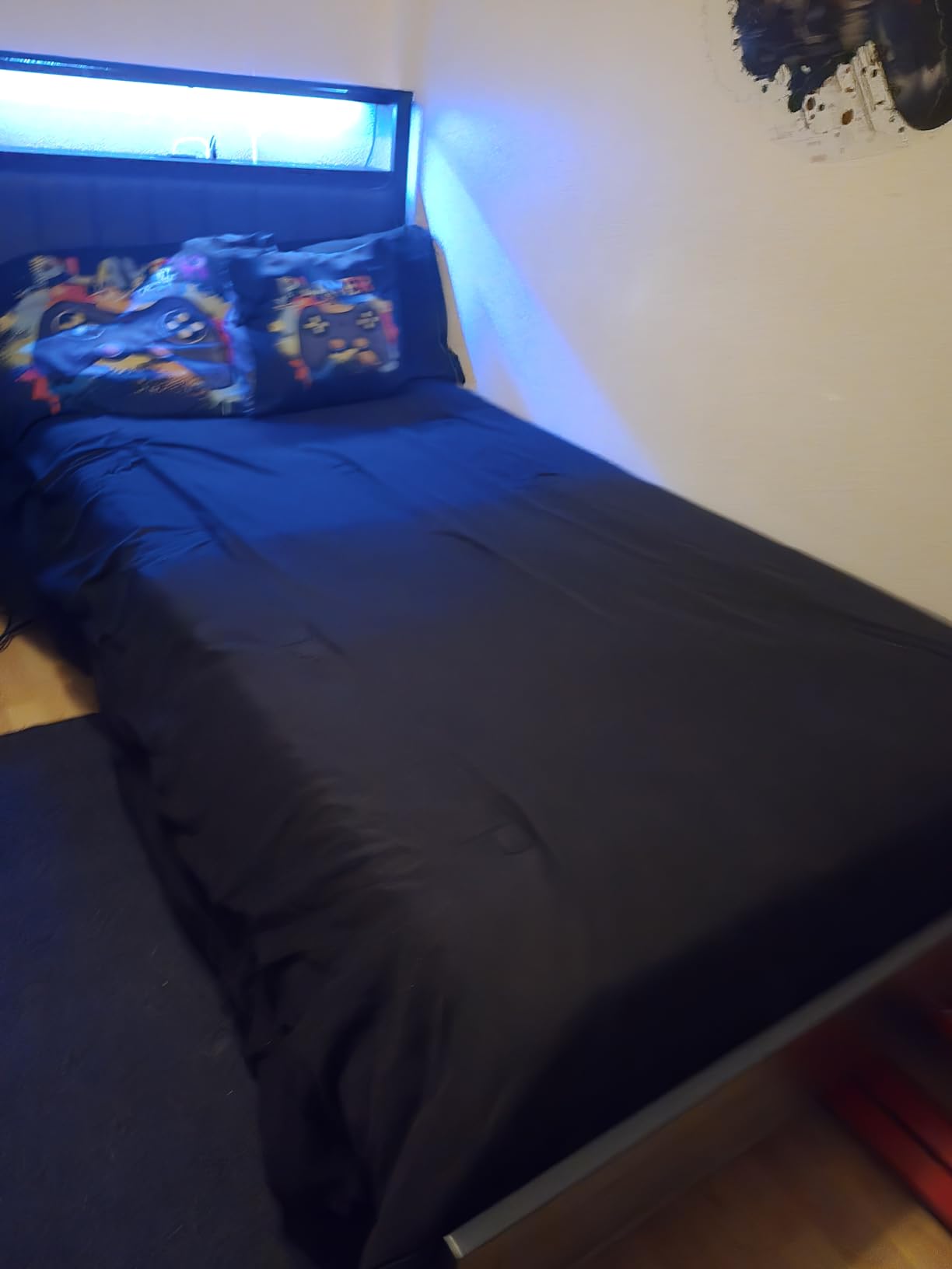 Furnulem Full Size Bed Frame with Charging Station and LED Lights, Platform Bed with Grey Upholstered Headboard customer photo 2
