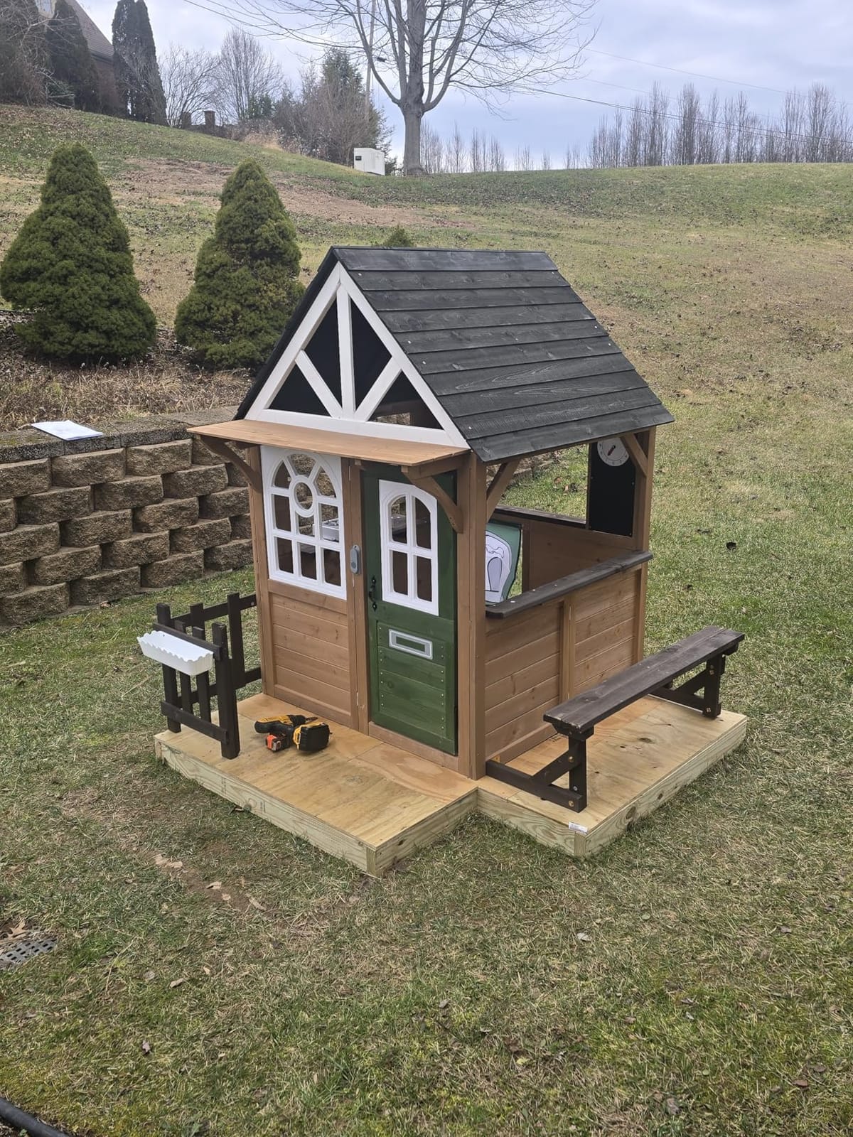 Kids Outdoor Playhouse,Cedar Gray Wooden Play House for Kids Ages 3-8, with Play Kitchen, Interactive Doorbell, Toy Phone, Sink, Flowerpot customer photo 1