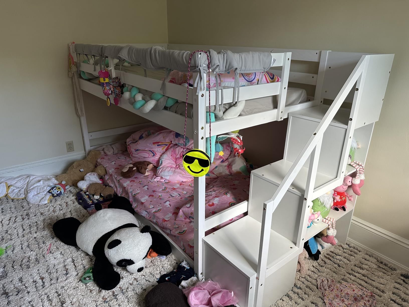 GIANTEX Twin Over Twin Bunk Bed with Stairs, Solid Wood Floor Bunk Bed with Storage Staircase & Full-Length Guardrails, Low Bunk Bed for Kids, Teens, Adults, Dorm, Small Space, White customer photo 1