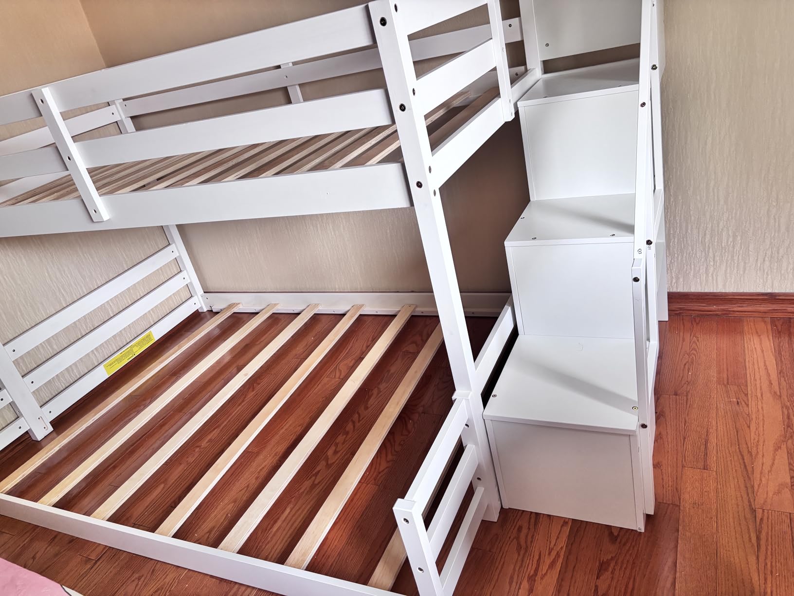 GIANTEX Twin Over Twin Bunk Bed with Stairs, Solid Wood Floor Bunk Bed with Storage Staircase & Full-Length Guardrails, Low Bunk Bed for Kids, Teens, Adults, Dorm, Small Space, White customer photo 2