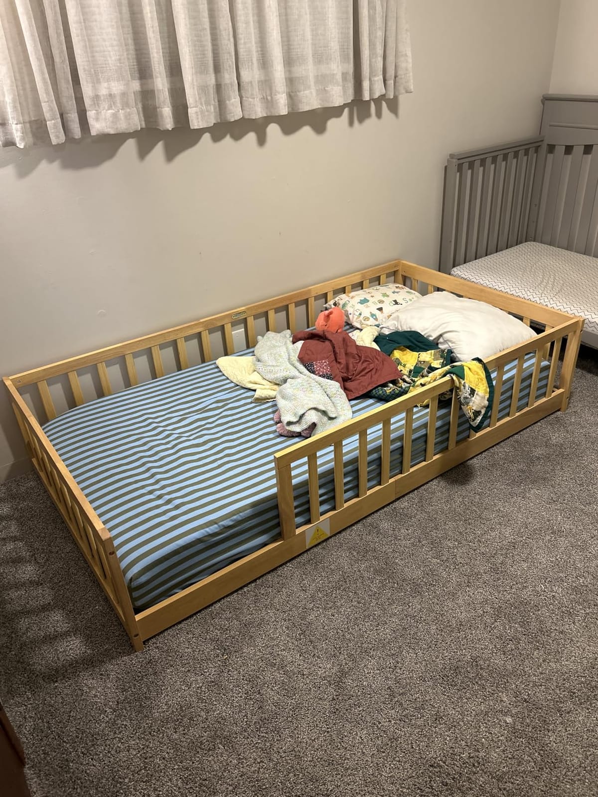 PVWIIK Twin Size Montessori Toddler Floor Bed with Wood Slats for Girls and Boys, Wood Montessori Bed Frame with Safety Guardrails, No Box Spring Needed, Natural customer photo 1