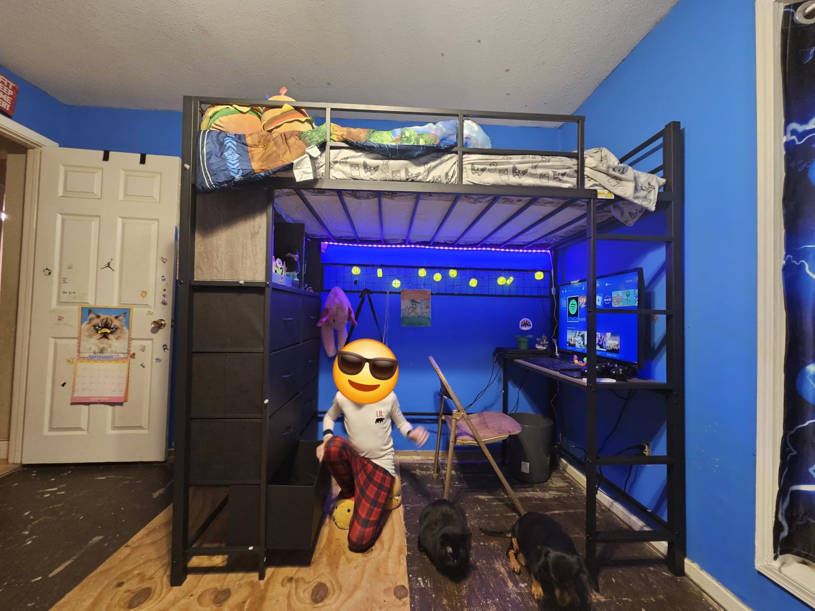 ADORNEVE Twin Loft Bed with Desk, 8 Storage Drawers, LED Lights, White | Metal Kids Loft Bed with Charging Station, Storage Shelves, 13.1
