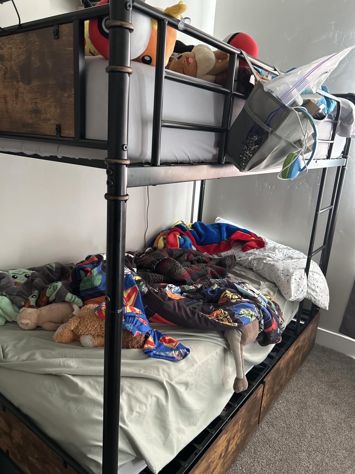 Jocoevol Metal LED Bunk Bed Twin Over Twin with 2 Storage Drawers, USB Charging Station, Industrial Bunkbeds Heavy Duty Bed with Safety Guardrail and Ladder, No Box Spring Needed, Vintage Brown customer photo 2