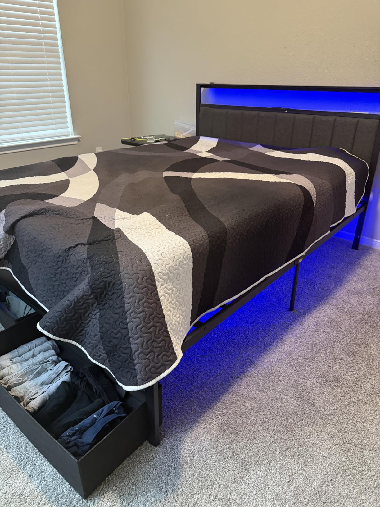 Furnulem Full Size Bed Frame with Storage Drawers and Upholstered Headboard, Metal Platform Bed with Charging Station and LED Lights customer photo 2