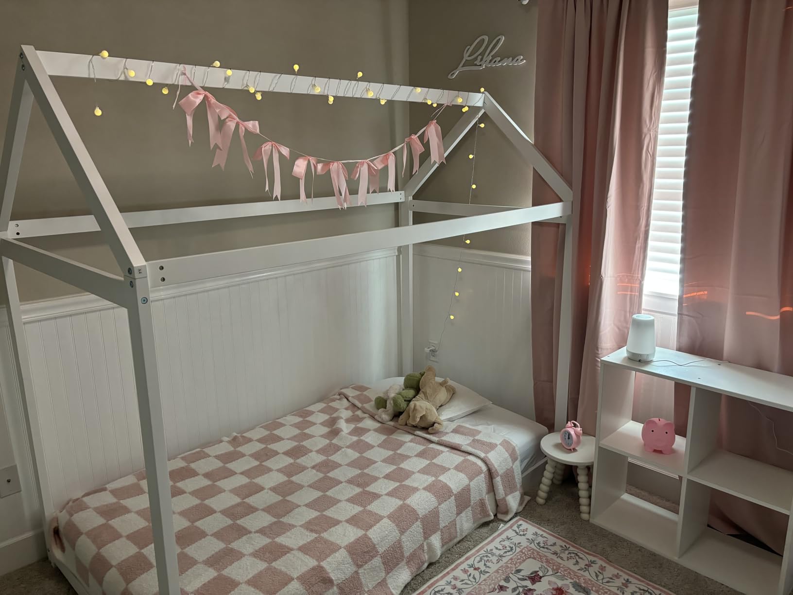 Merax Twin Size House Bed Frame with LED Lights, Solid Wood Montessori Floor Bed, Low Platform Kids Play House Bed for Boys Girls Bedroom, Natural Wood Finish customer photo 1