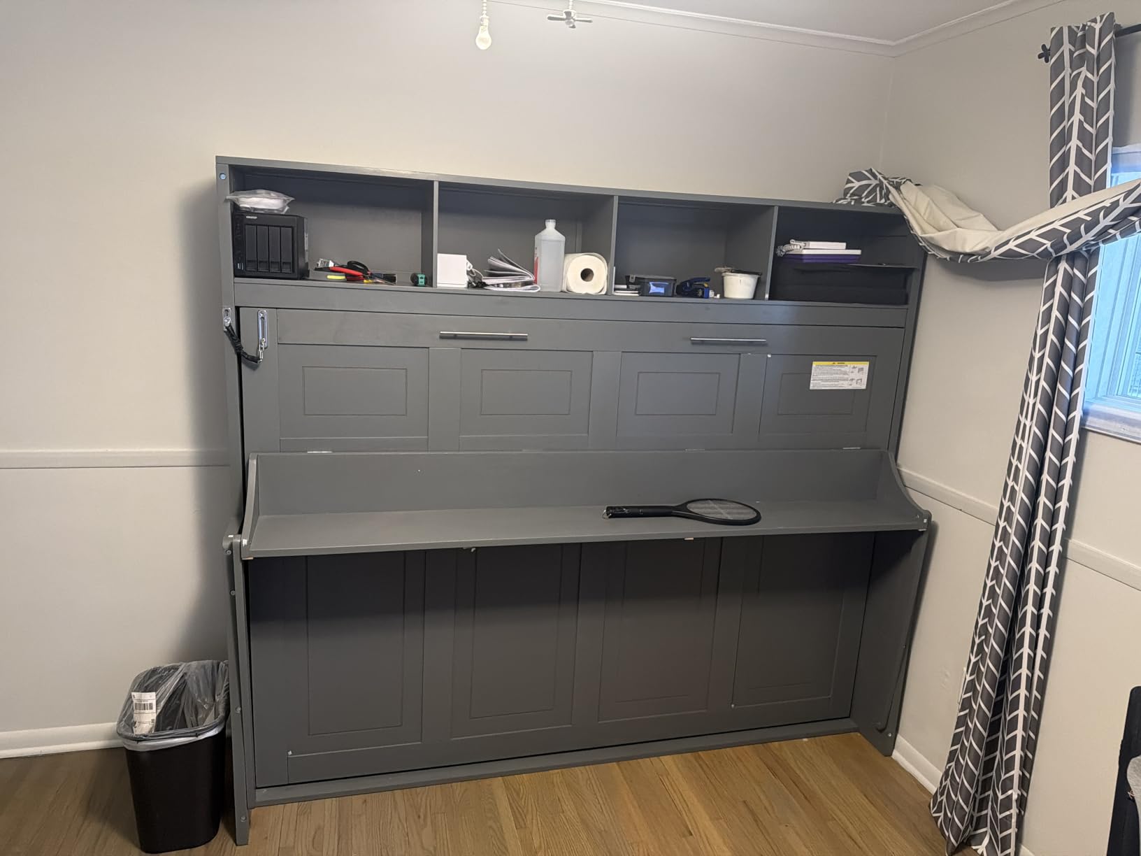 Virubi Full Horizontal Murphy Bed with Storage Wardrobe Closet, 2 Drawer, 4 Storage Shelves, Wood Folding Murphy Wall Bed Cabinet for Adult (Grey) customer photo 2