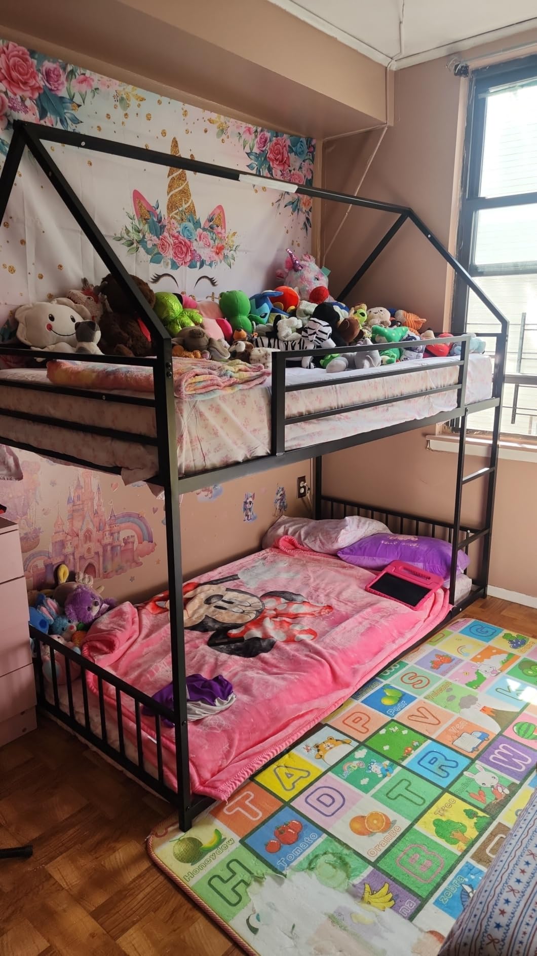 LIKIMIO Bunk Bed Twin Over Twin, House Bunk Bed Frame with Ladder, White | Twin Over Twin Bunk Bed. Metal frame with guardrails. House shaped with Metal Slats for bedroom. No box spring. Space Saving customer photo 1