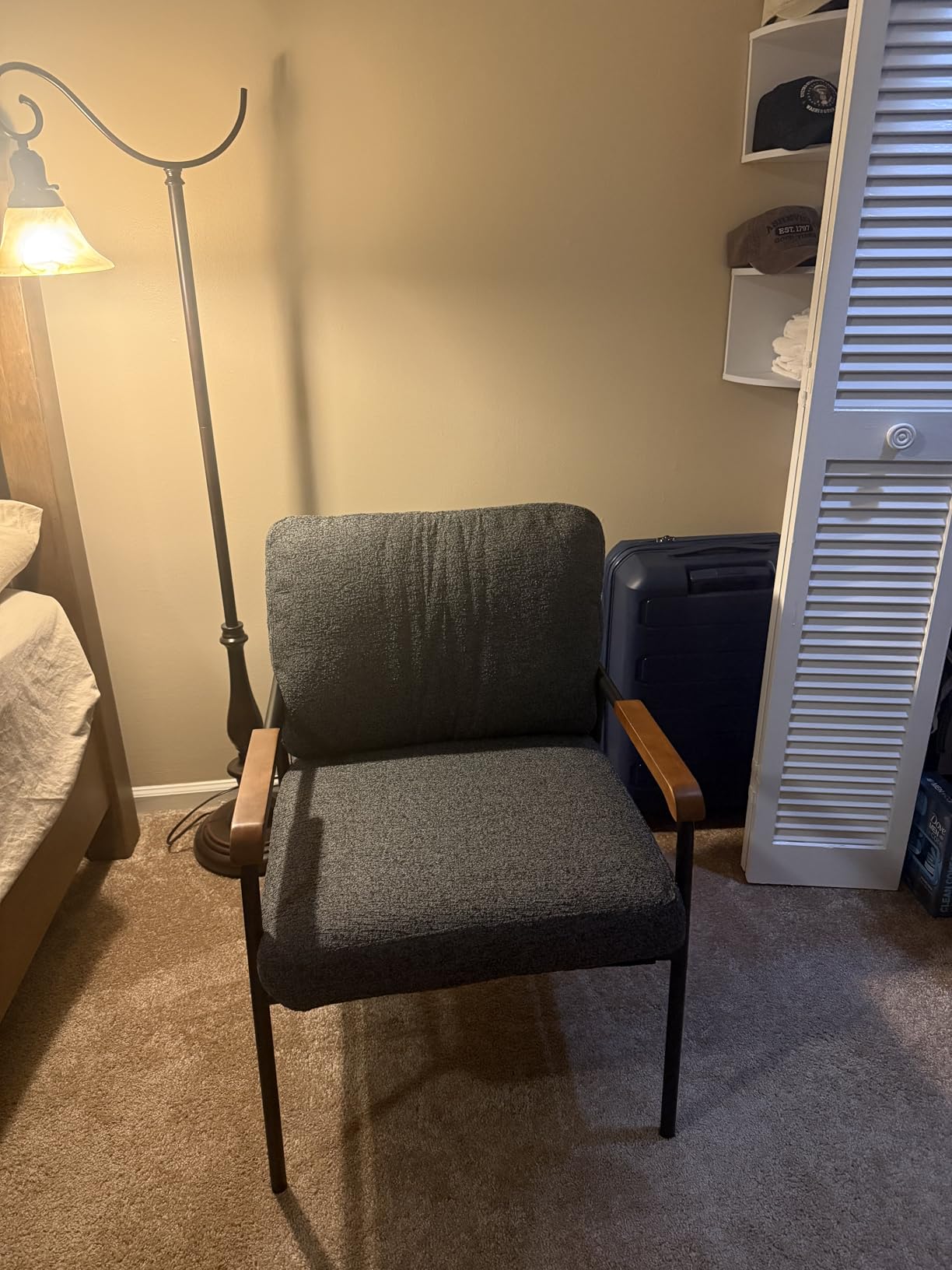 VINGLI Mid-Century Modern Accent Armchiar for Small Space, Small Comfy Upholstered Leisure Reading Chair with Wood Armrest for Bedroom, Living Room, Waiting Room, Linen Grey customer photo 2